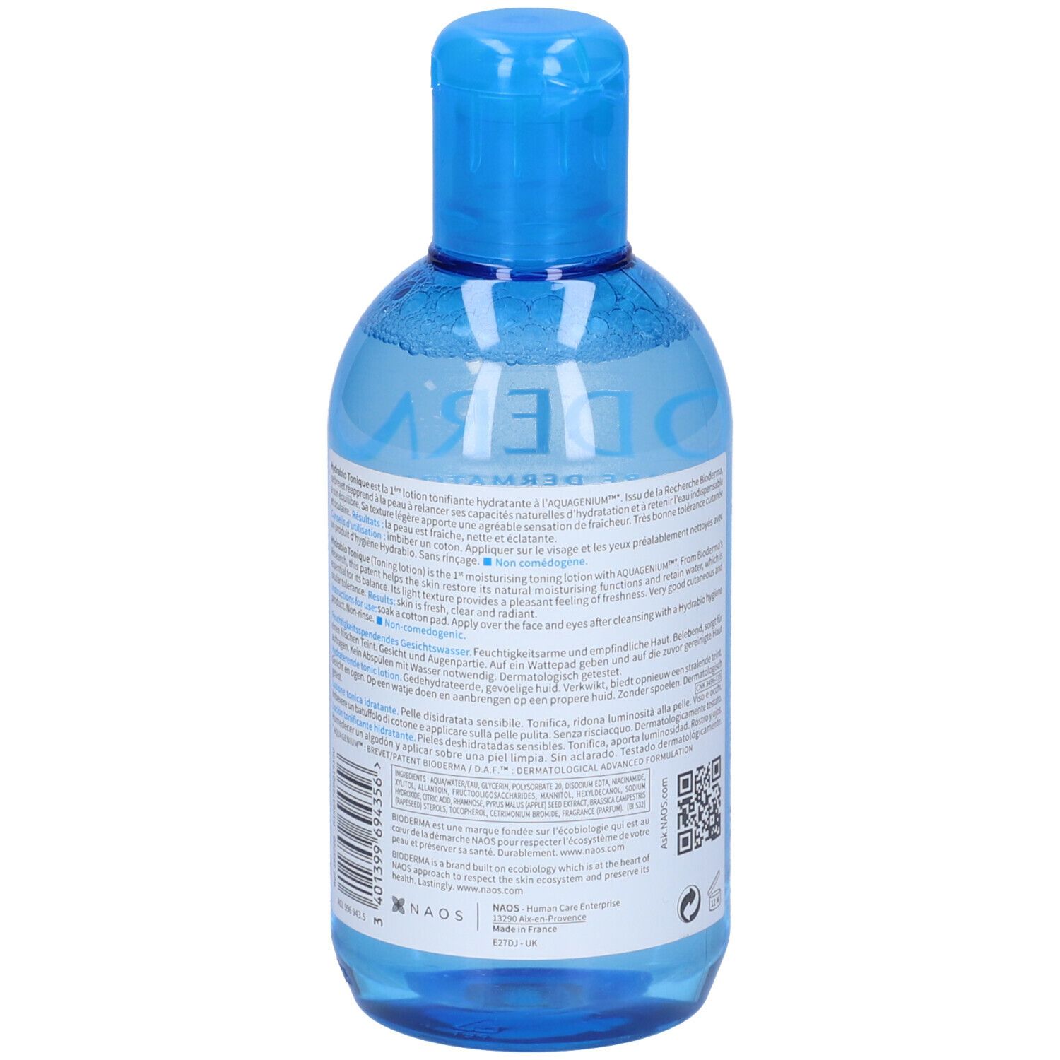 Retro di un flacone azzurro con tappo blu. Scritta: BIODERMA, Hydrabio Tonique. Testo multilingue.