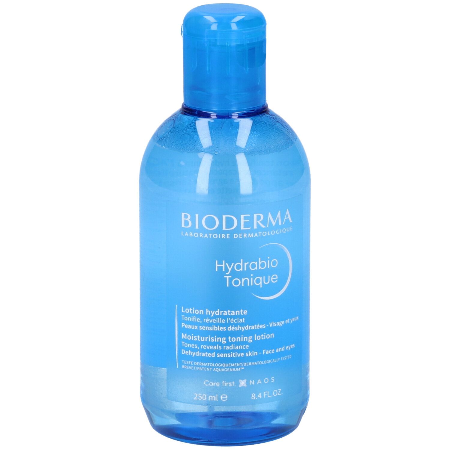 Flacone azzurro con tappo blu. Scritta: BIODERMA, Hydrabio Tonique. Lotion hydratante. Per pelli disidratate.