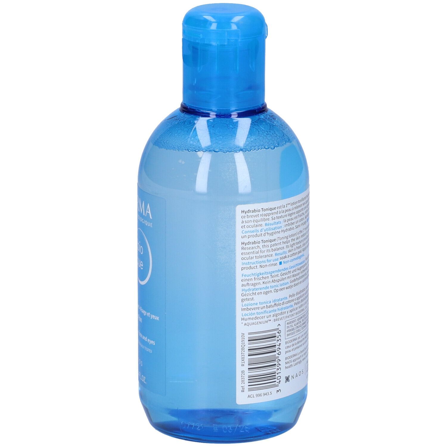 Retro di un flacone azzurro con tappo blu. Scritta: BIODERMA, Hydrabio Tonique. Testo multilingue.