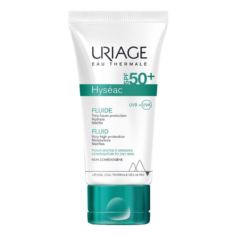 Tubo bianco con tappo verde. Scritta: Uriage, Hyséac SPF 50+. Testo: Fluide, Hydrate, Matifie.