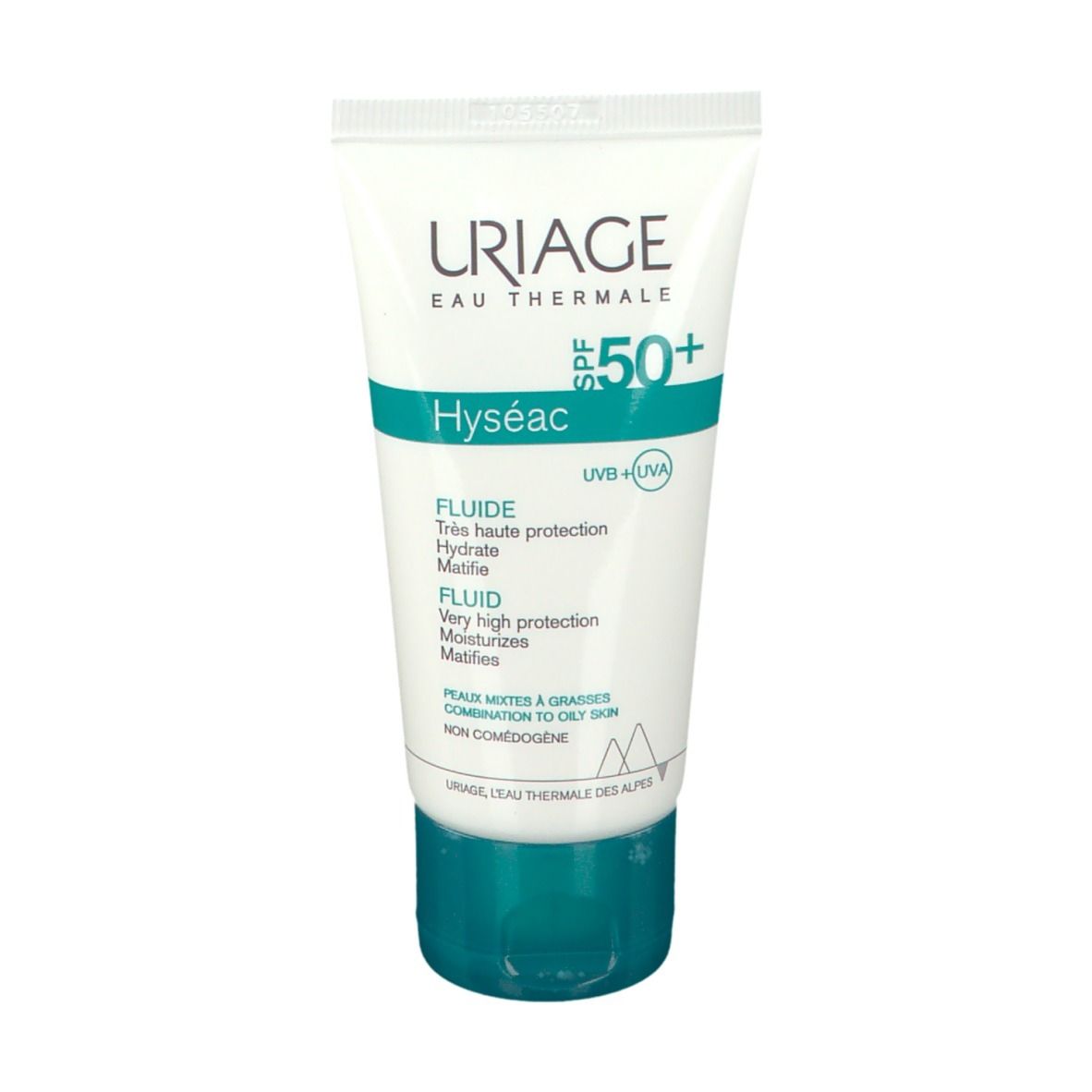 Tubo bianco con tappo verde. Scritta: Uriage, Hyséac SPF 50+. Testo: Fluide, Hydrate, Matifie.