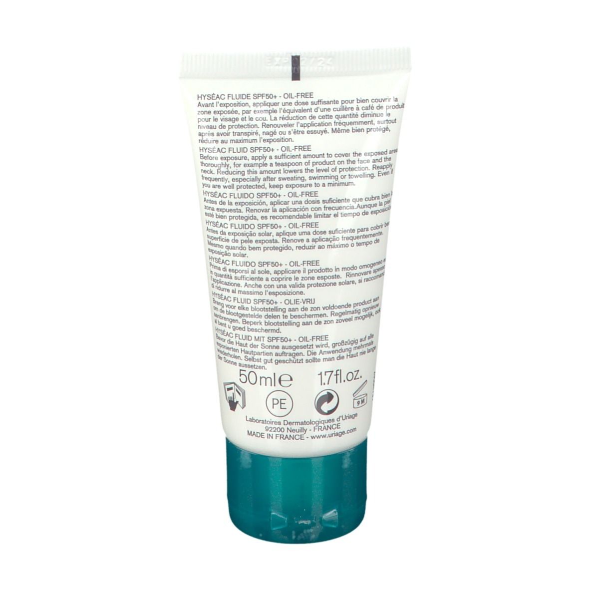 Retro del tubo. Testo multilingue. Scritta: 50ml, 1.7 fl.oz.