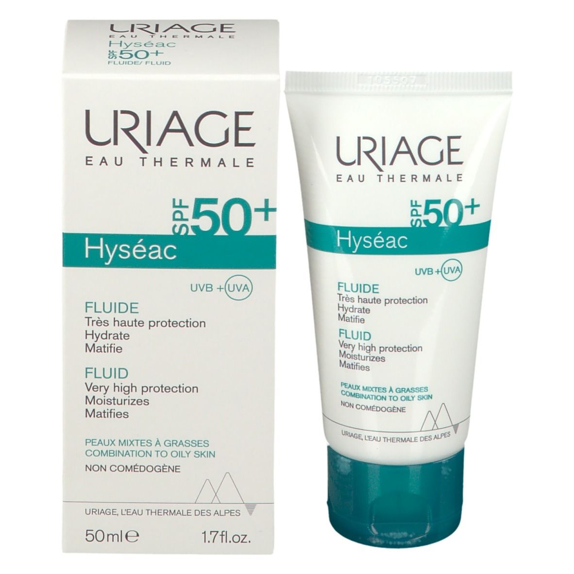 Prodotto e confezione. Scatola bianca e tubo. Scritta: Uriage, Hyséac SPF 50+.
