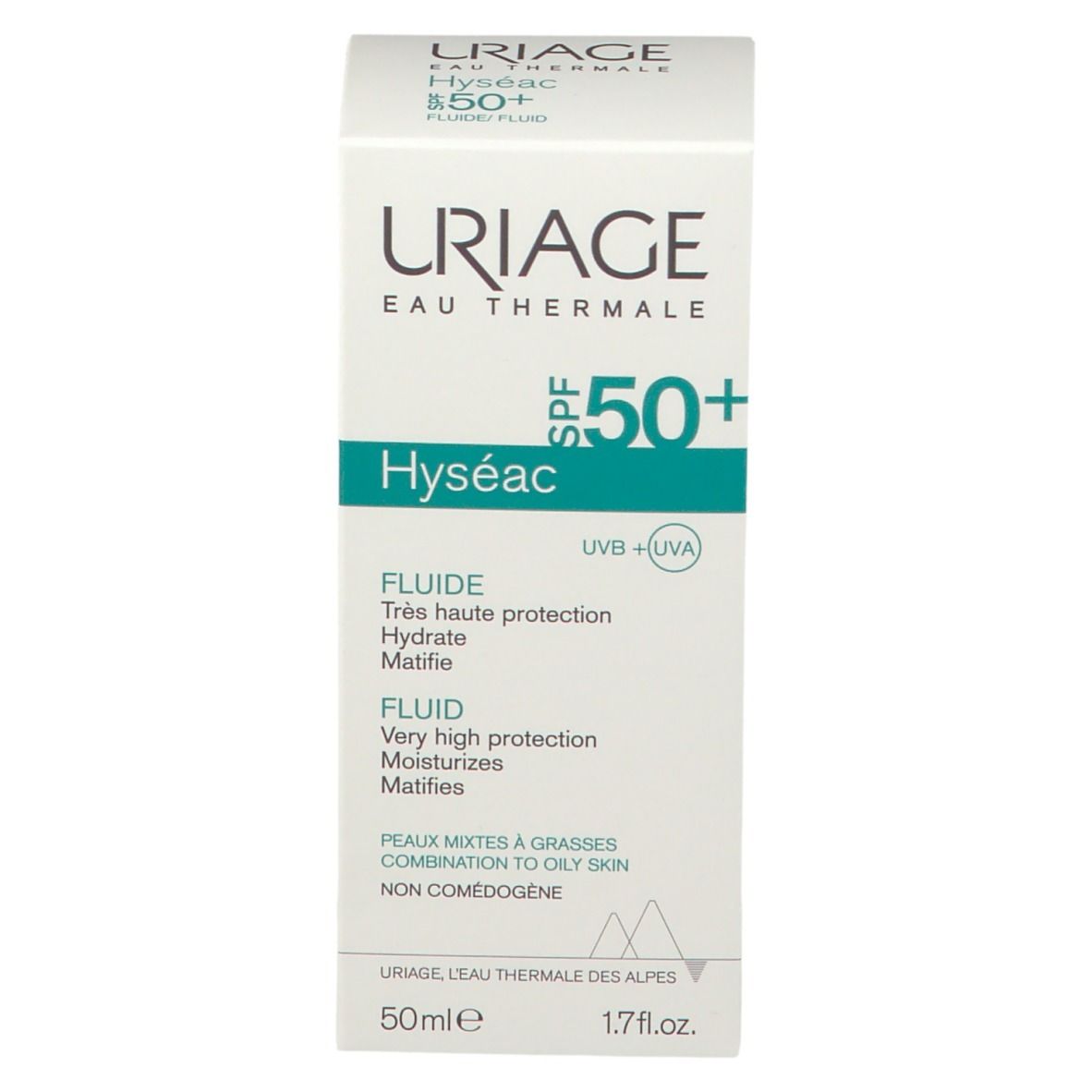 Scatola bianca. Scritta: Uriage, Hyséac SPF 50+. Testo: Fluide, Hydrate, Matifie.