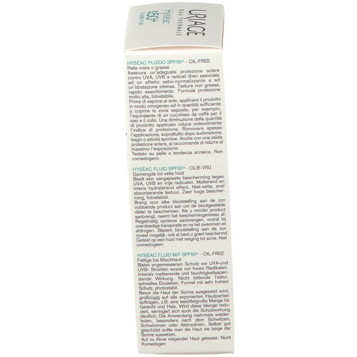 Lato della scatola. Testo multilingue. Scritta: Hyséac Fluide SPF50+ - Oil-free.