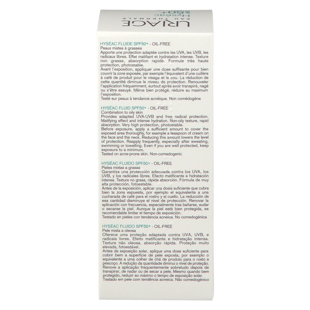 Lato della scatola. Testo multilingue. Scritta: Hyséac Fluide SPF50+ - Oil-free.