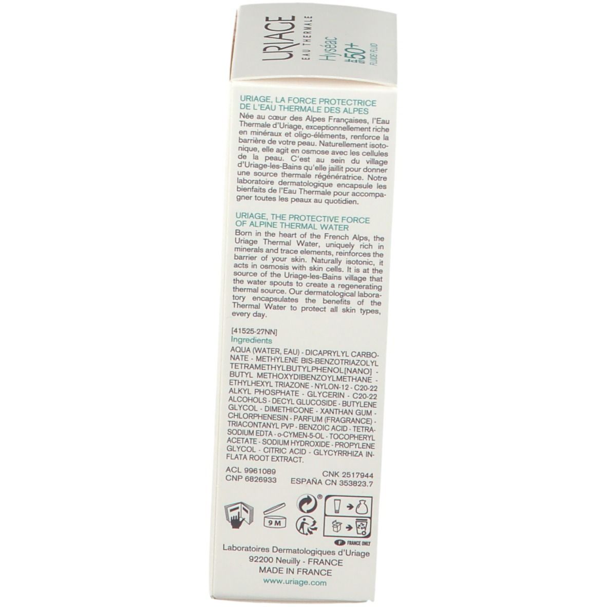 Lato della scatola. Testo multilingue. Scritta: Uriage, La force protectrice de l'eau thermale des Alpes.