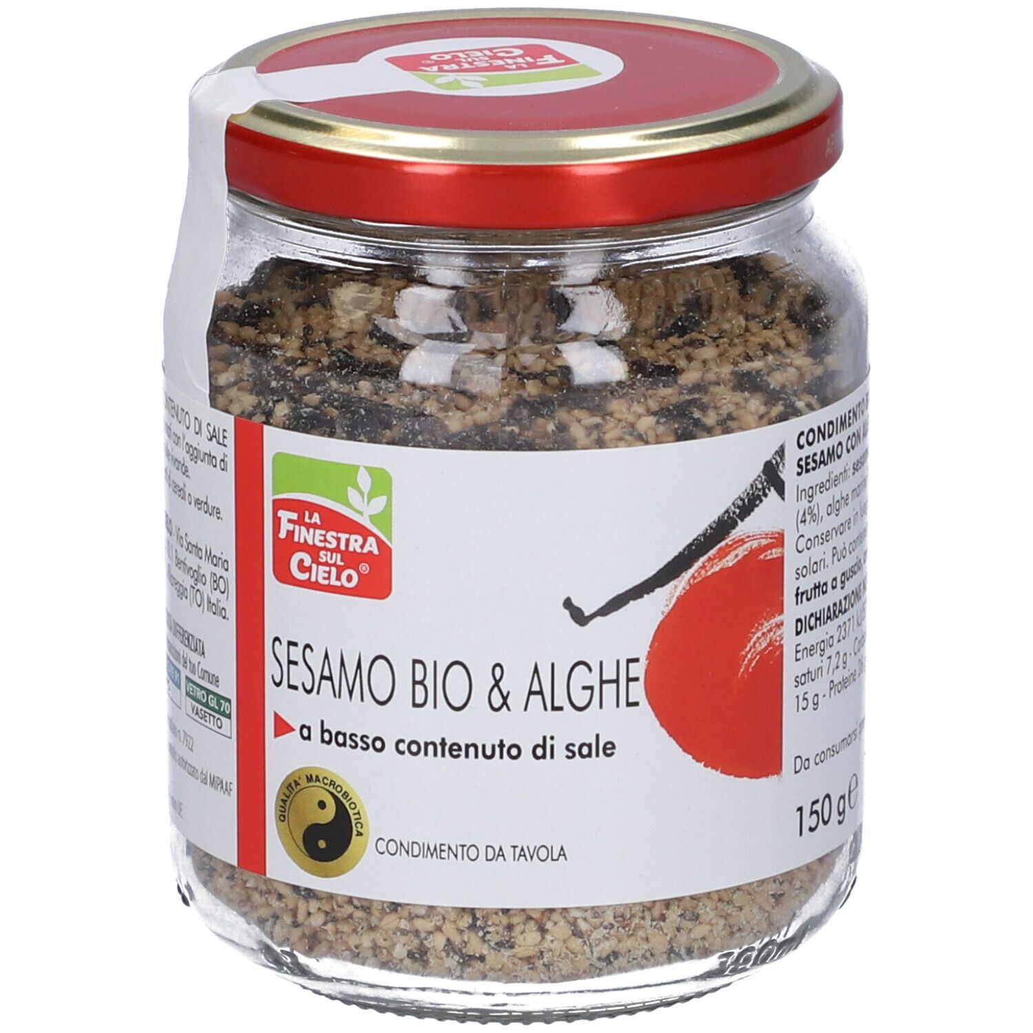 Vasetto di Sesamo Bio & Alghe. Coperchio rosso, etichetta bianca con nome e logo del prodotto.