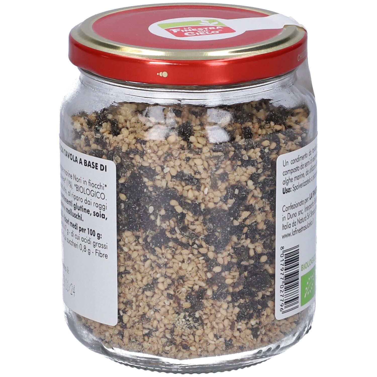 Retro del vasetto di Sesamo & Alghe Bio. Etichetta con testo e sigillo bio.