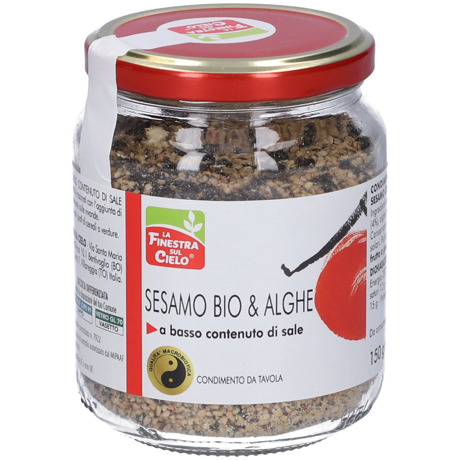 Vasetto di Sesamo Bio & Alghe. Coperchio rosso, etichetta bianca con nome e logo del prodotto.