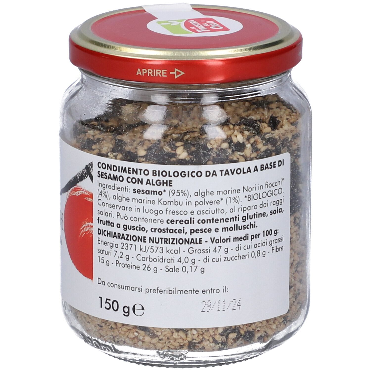 Vasetto di Sesamo Bio & Alghe. Coperchio rosso, etichetta bianca con nome e logo, 150g.