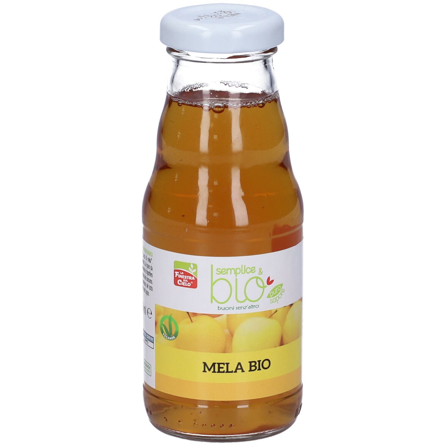 Bottiglia di vetro con tappo bianco. Etichetta con nome del prodotto e logo bio. Mele gialle raffigurate.