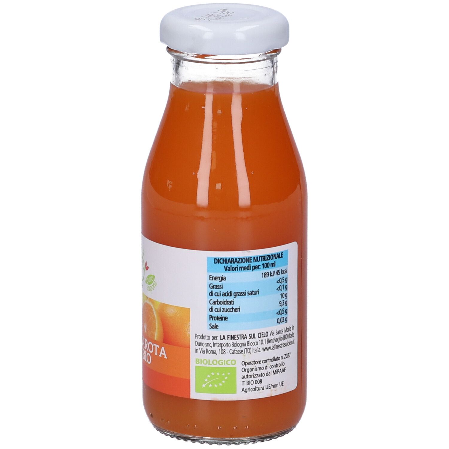 Bottiglia di vetro con tappo bianco. Retro con informazioni nutrizionali ed etichetta biologica. Contenuto arancione.