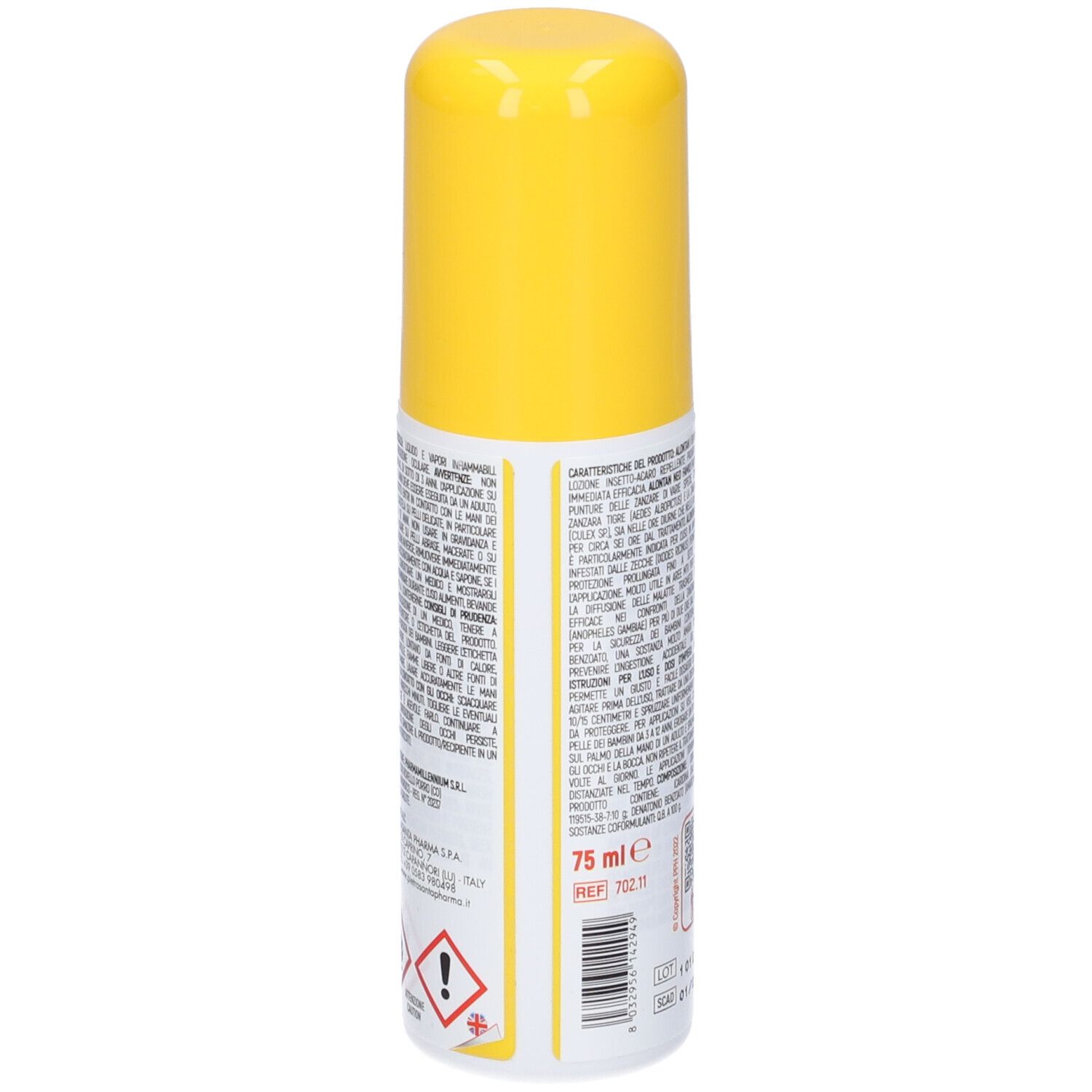 Rückseite der gelben Spraydose. Textinformationen, Volumen: 75 ml.