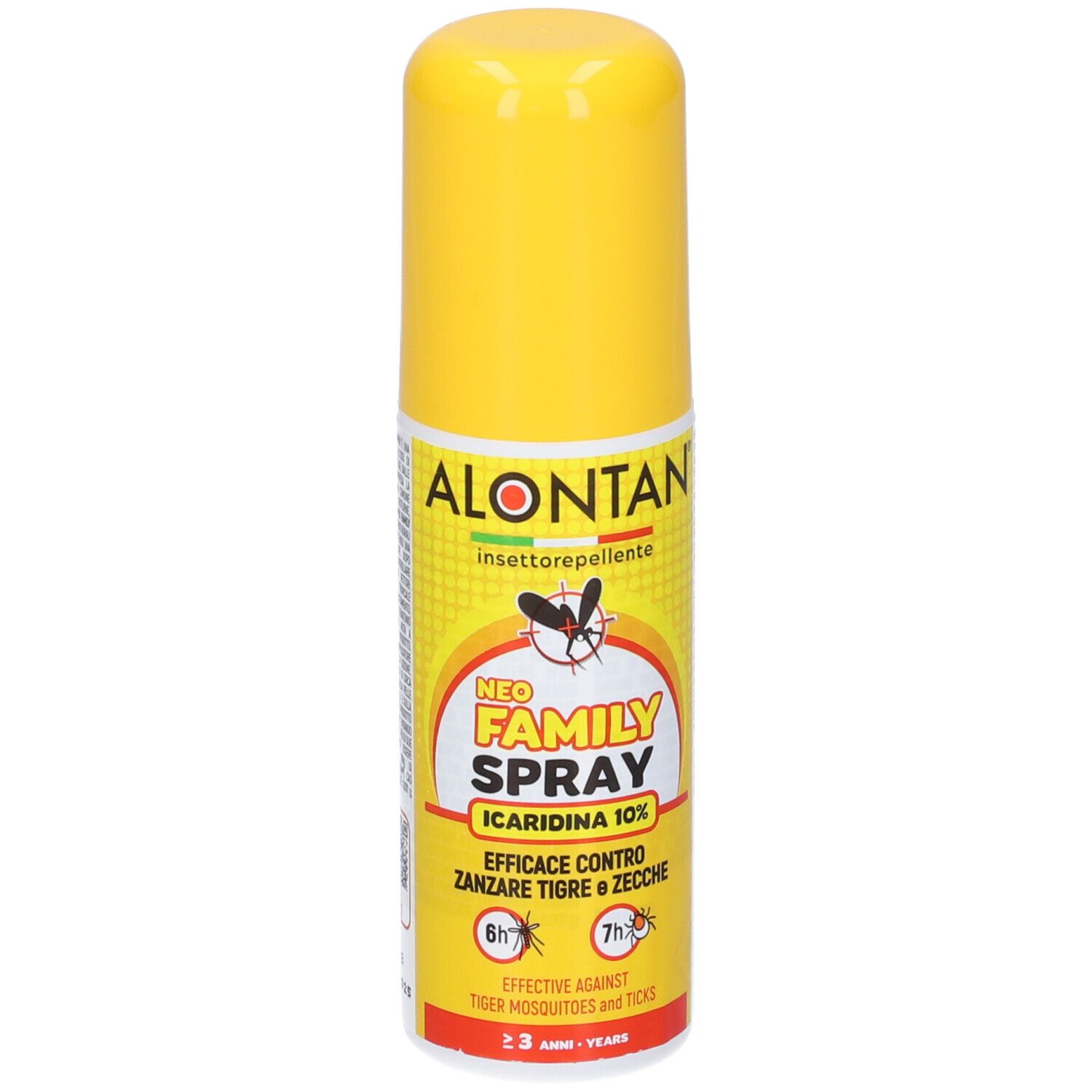 Gelbe Spraydose mit gelbem Deckel. Aufschrift: ALONTAN, FAMILY SPRAY, ICARIDINA 10%. Wirksam gegen Tigermücken und Zecken.