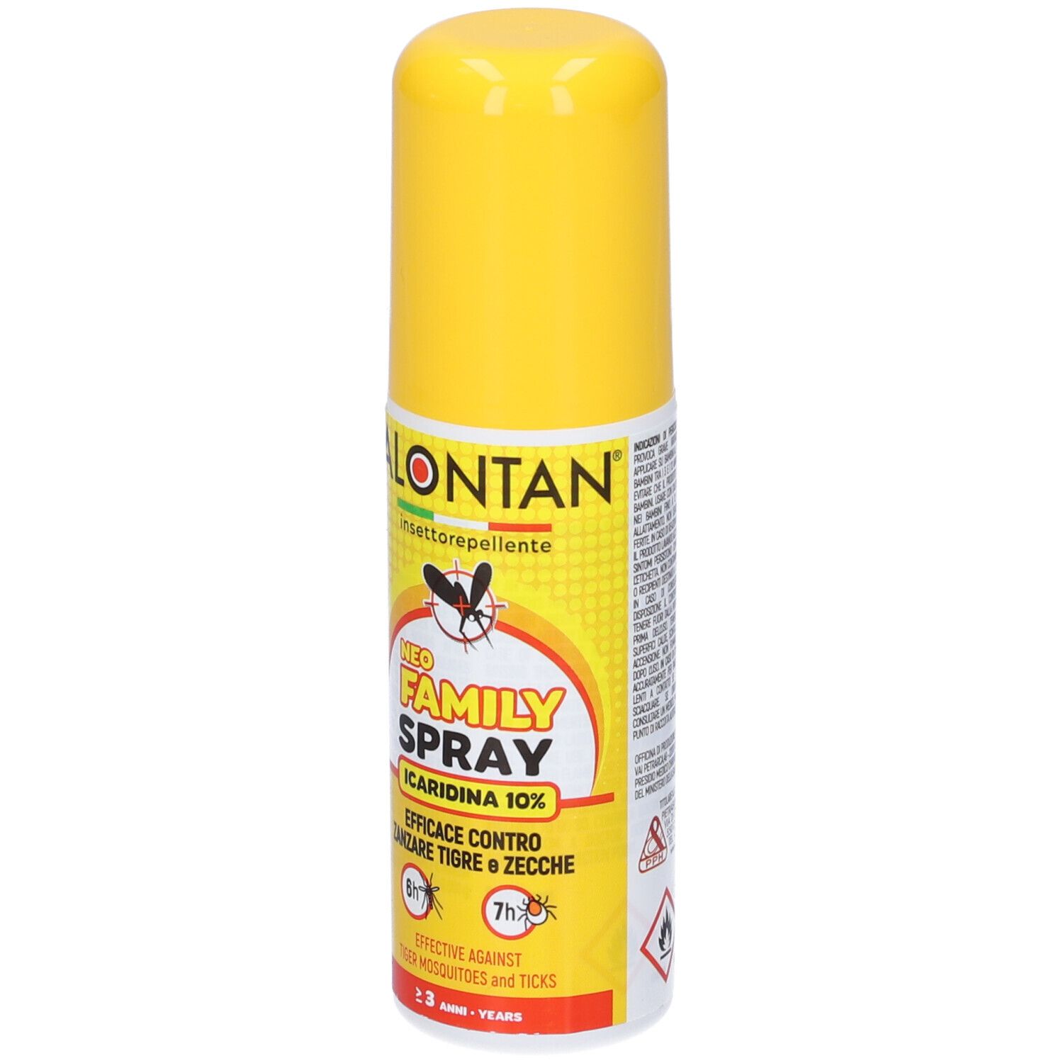 Gelbe Spraydose mit gelbem Deckel. Aufschrift: ALONTAN, FAMILY SPRAY, ICARIDINA 10%. Wirksam gegen Tigermücken und Zecken.