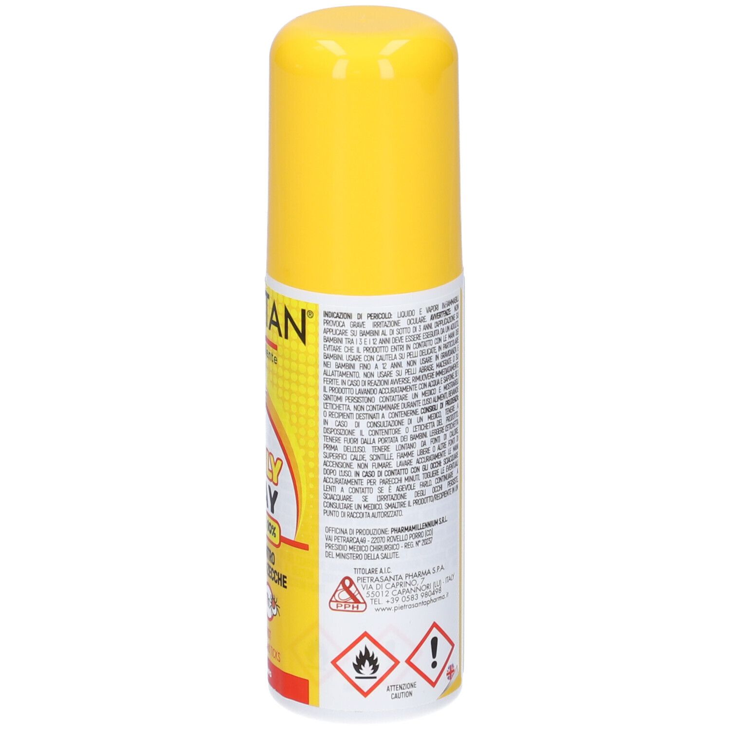 Rückseite der gelben Spraydose. Textinformationen und Gefahrensymbole.