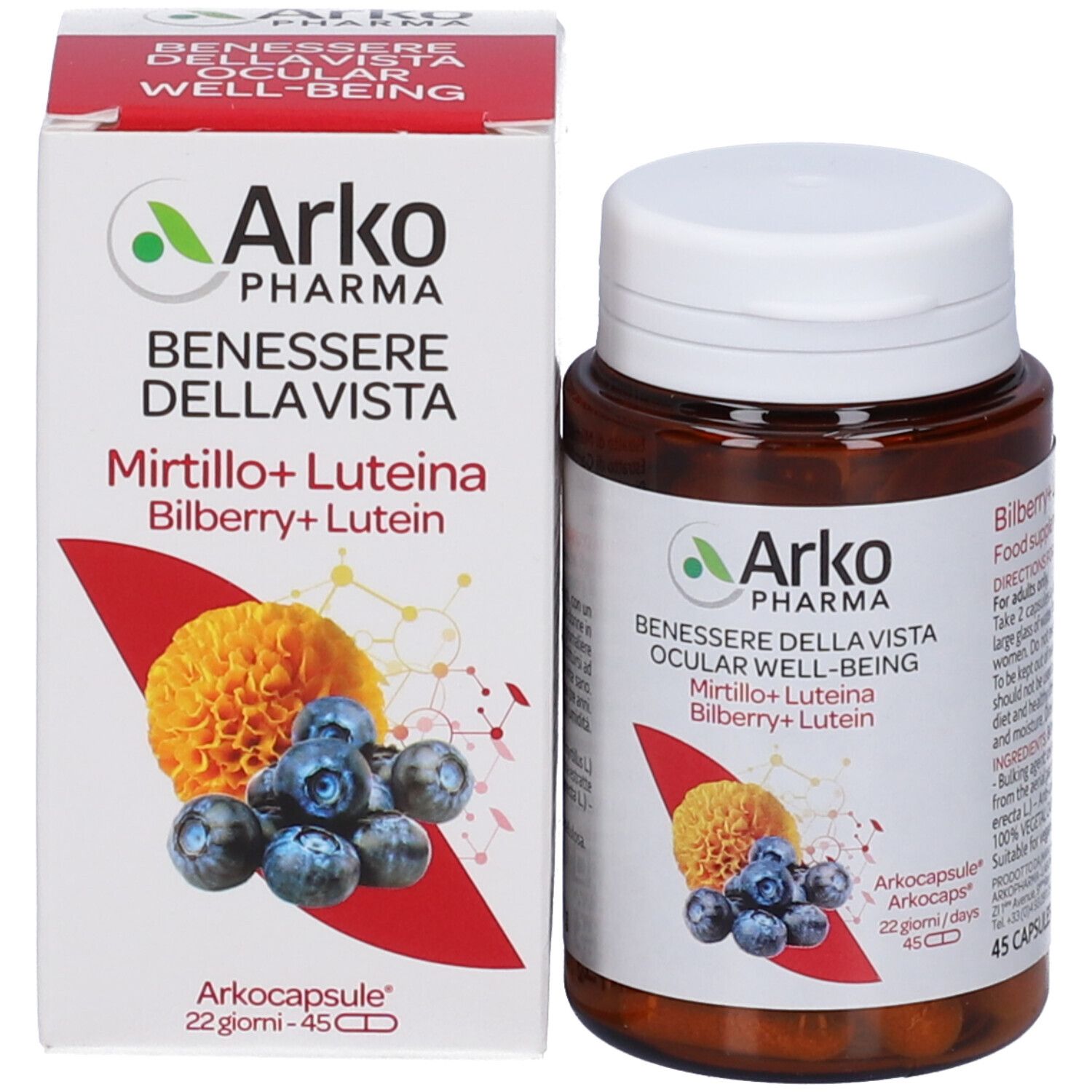 Arkopharma Mirtillo+Luteina Pillendose und Verpackung, 45 Kapseln.