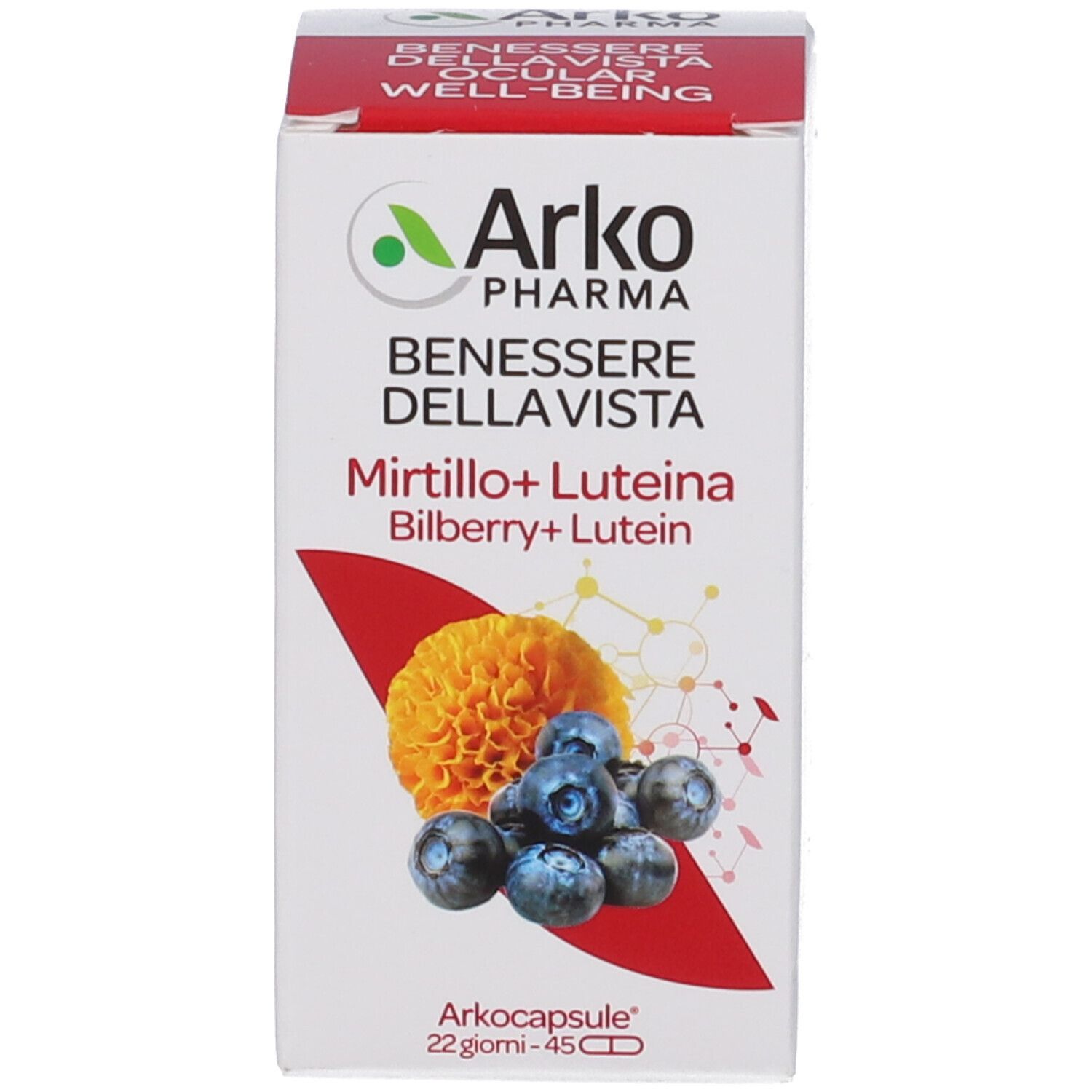 Verpackung Arkopharma Mirtillo+Luteina, 45 Kapseln.