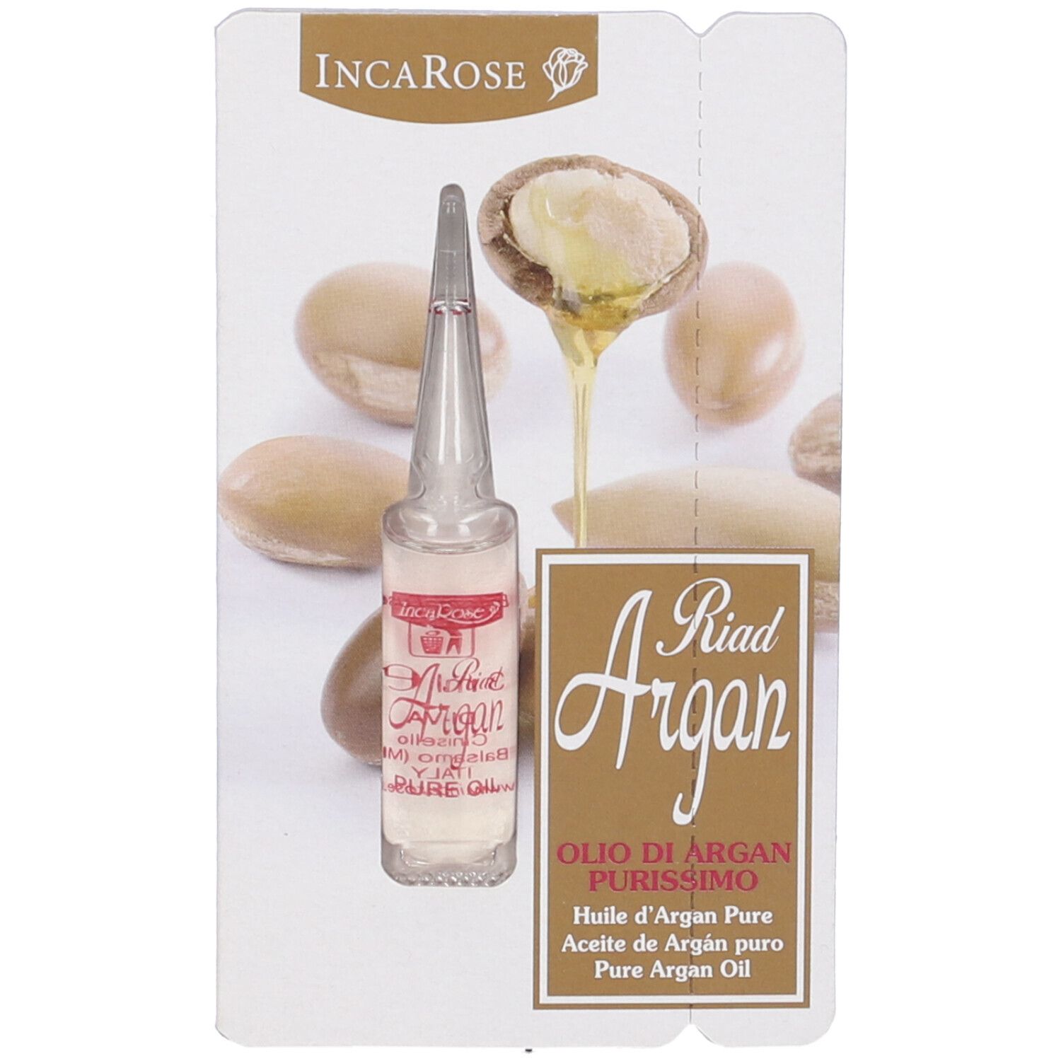 Fiala con liquido dorato. Scritta: Riad Argan Olio Puro. Sfondo: noci di argan e gocce d'olio.