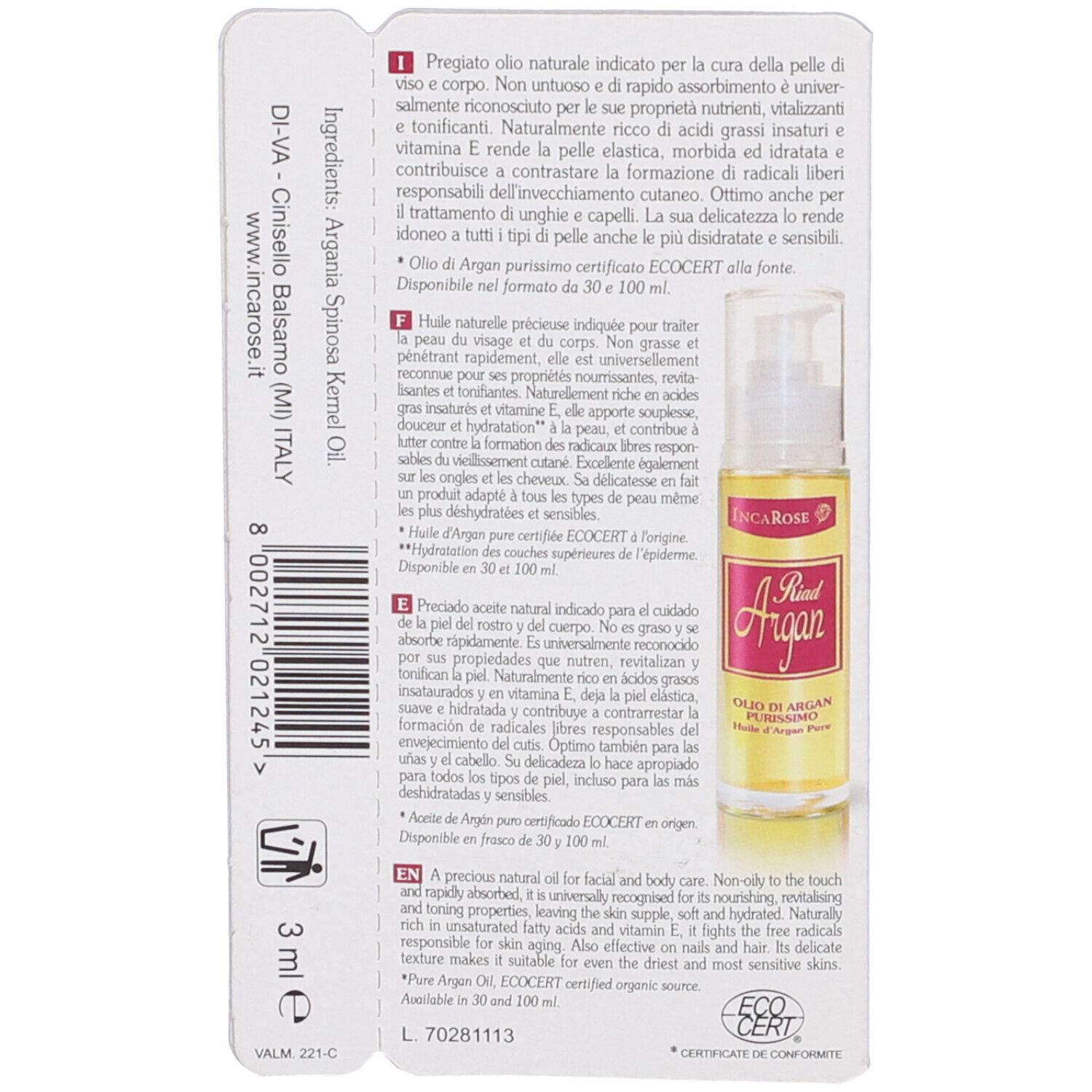 Confezione in cartone con flacone. Scritta: Riad Argan Olio Puro. Testo in più lingue. 3 ml.