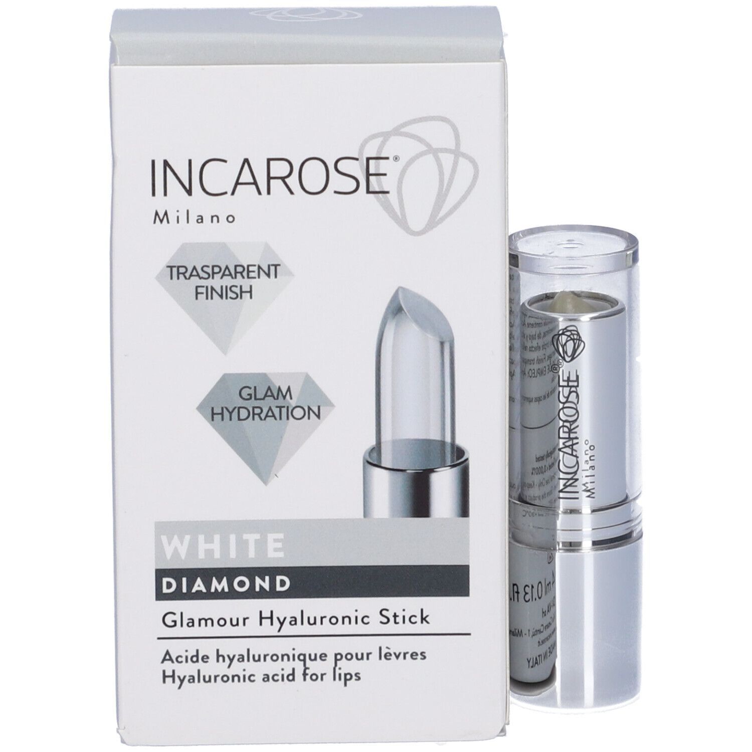 Confezione e stick. Sulla confezione sono presenti « Incarose Milano » e « White Diamond ». Lo stick è argentato.