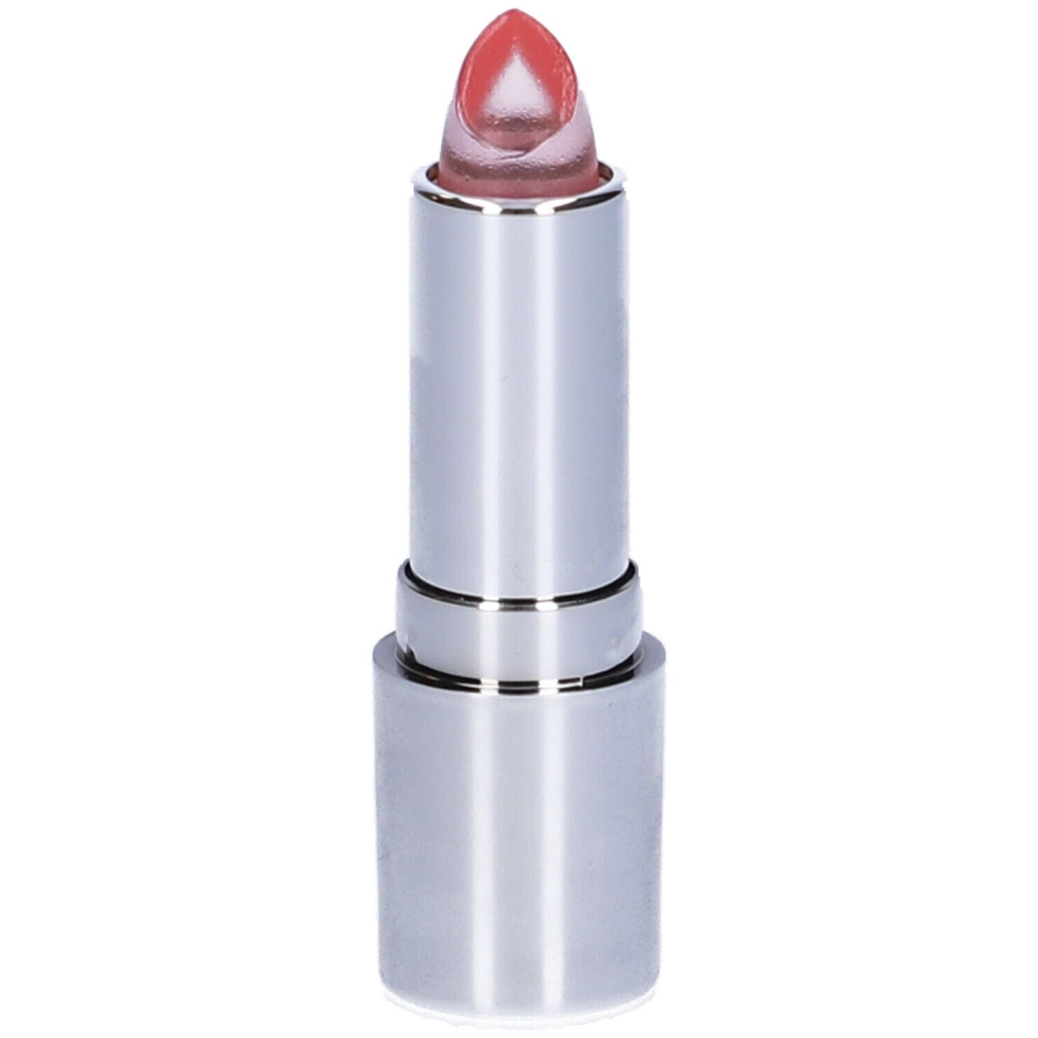 Rossetto rosa trasparente in astuccio argentato. Punta sagomata.