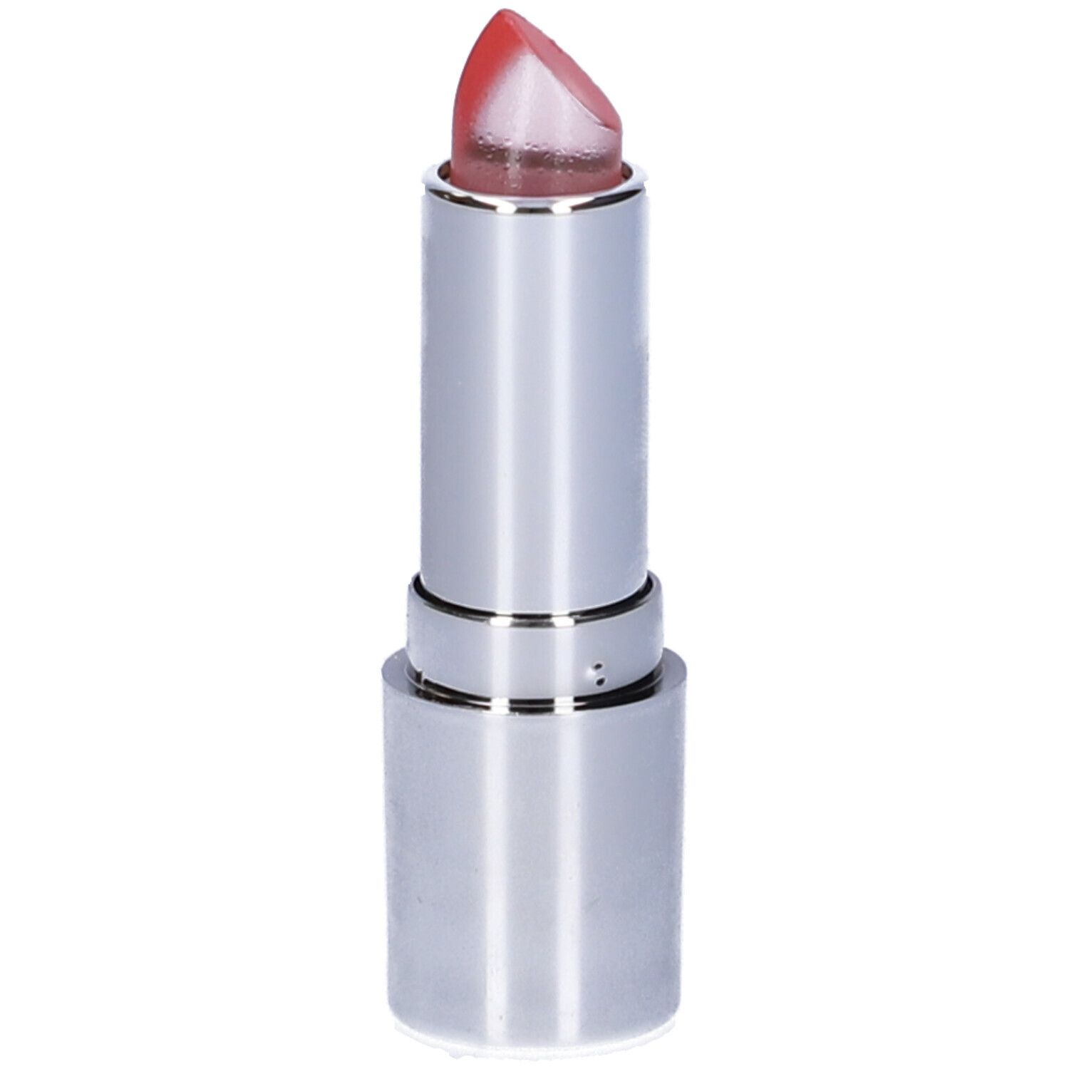 Rossetto rosa trasparente in astuccio argentato. Punta sagomata.