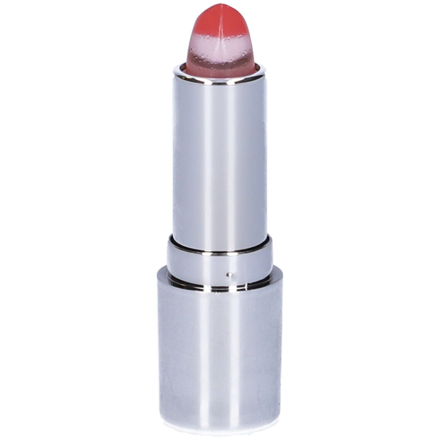 Rossetto rosa trasparente in astuccio argentato. Punta sagomata.