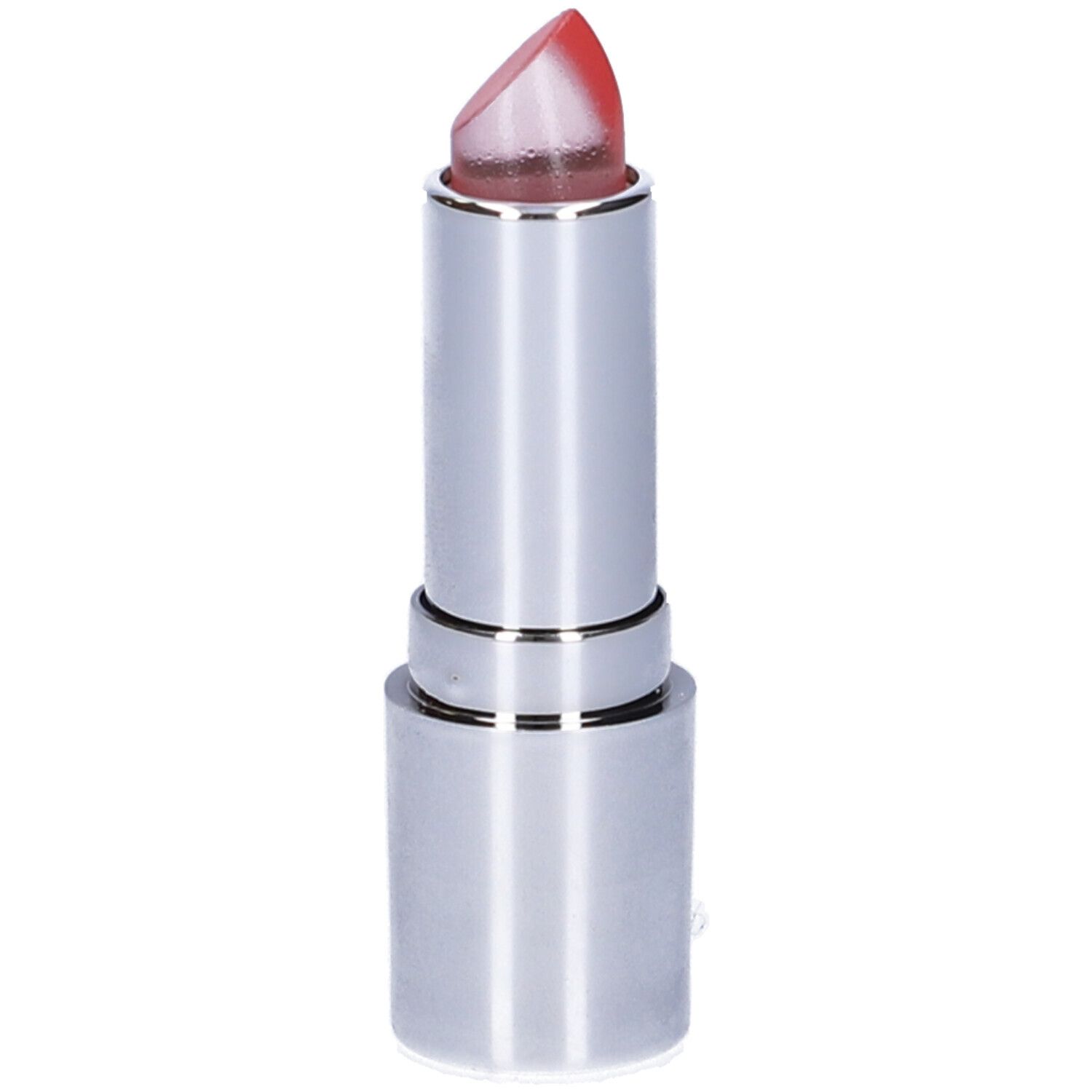Rossetto rosa trasparente in astuccio argentato. Punta sagomata.