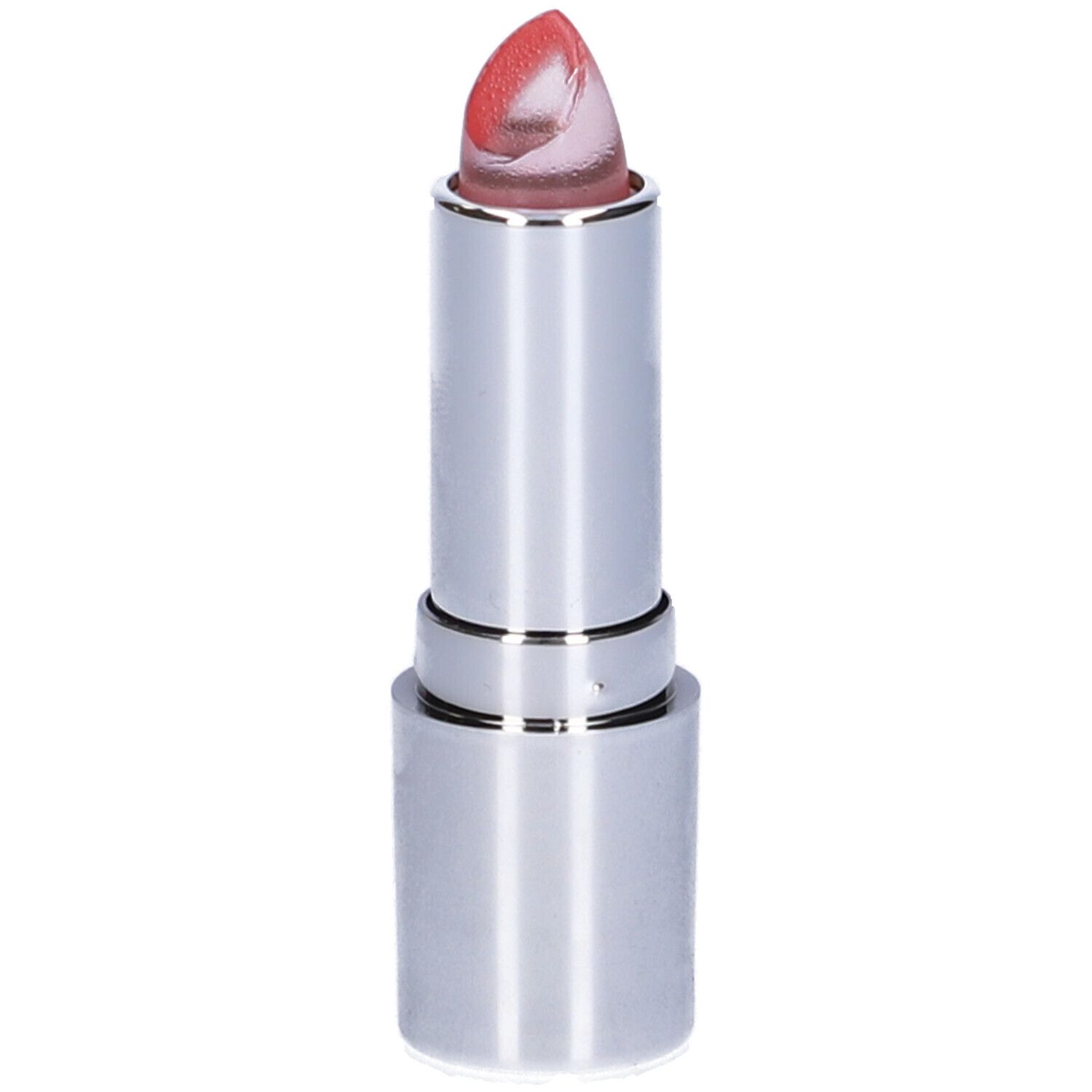 Rossetto rosa trasparente in astuccio argentato. Punta sagomata.