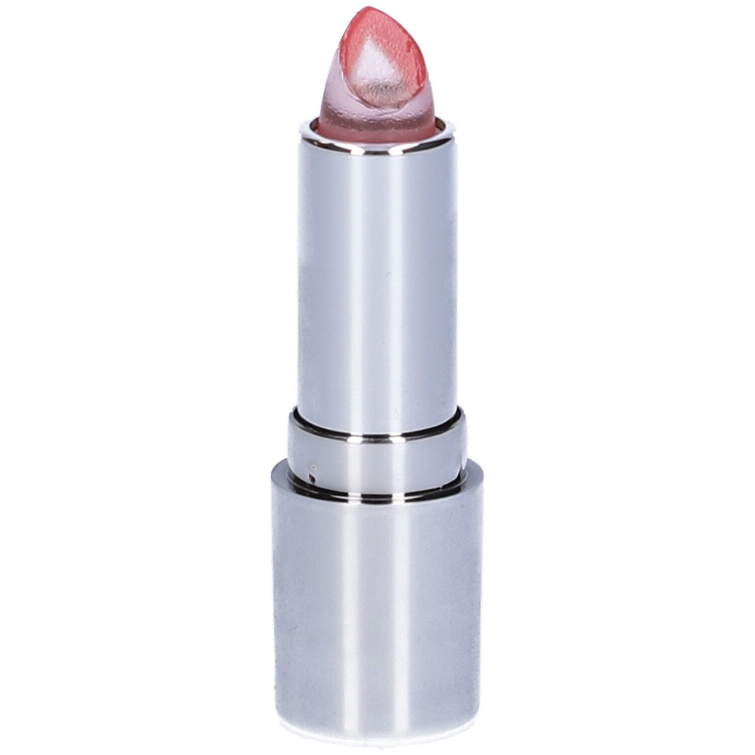 Rossetto rosa trasparente in astuccio argentato. Punta sagomata.