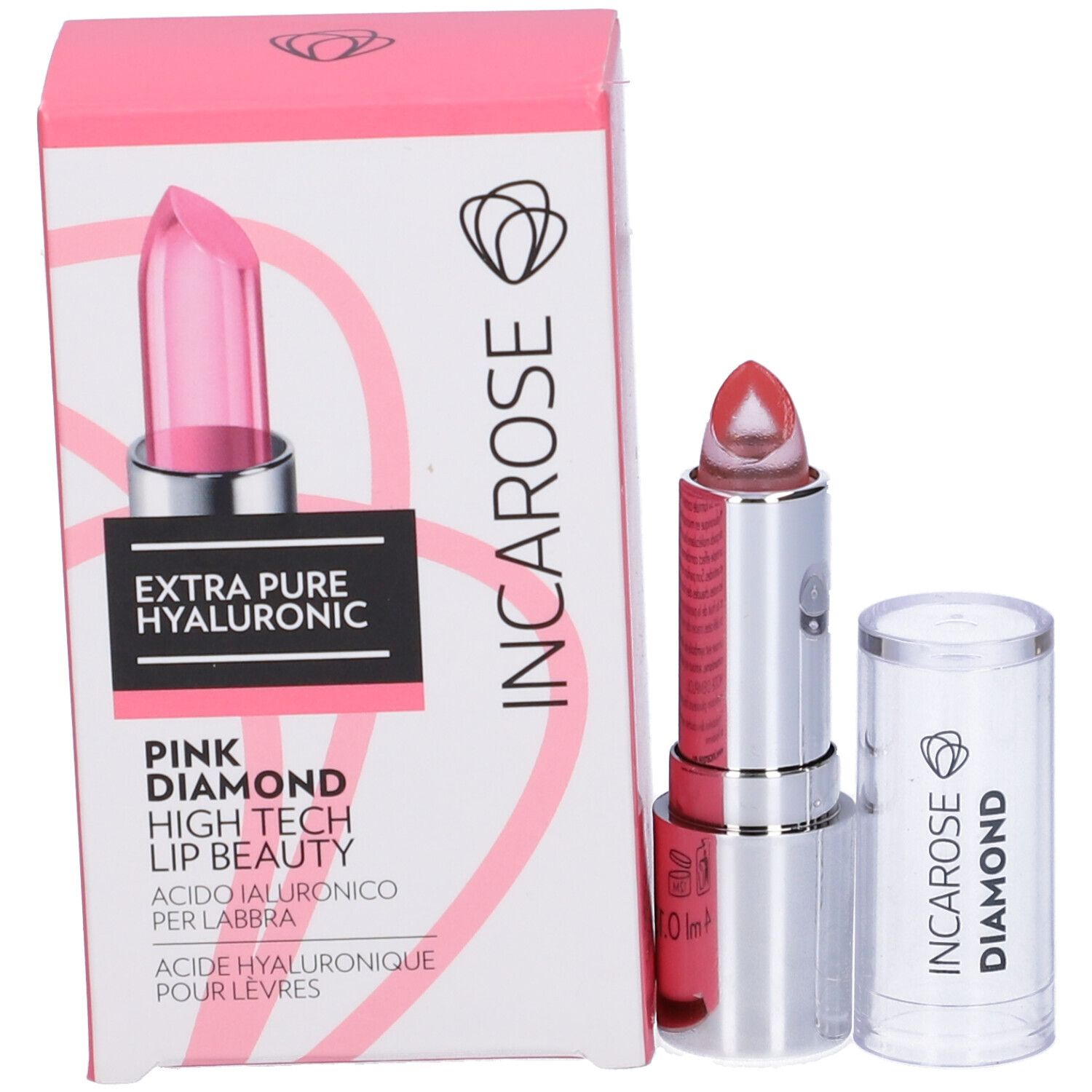 Rossetto Incarose Pink Diamond con confezione. Astuccio argento, stick rosa. Testo sulla confezione.