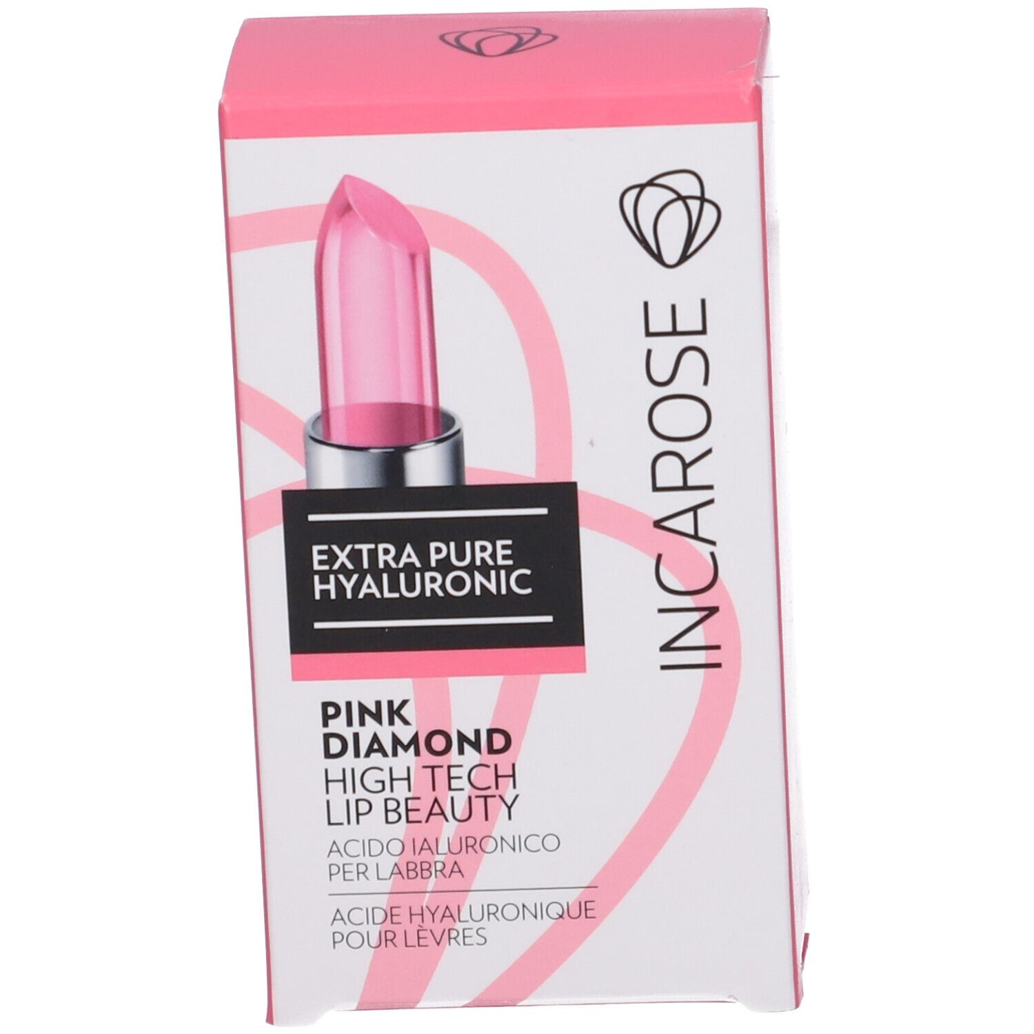 Confezione rosa con immagine del rossetto Incarose Pink Diamond. Testo: Extra Pure Hyaluronic, Pink Diamond.
