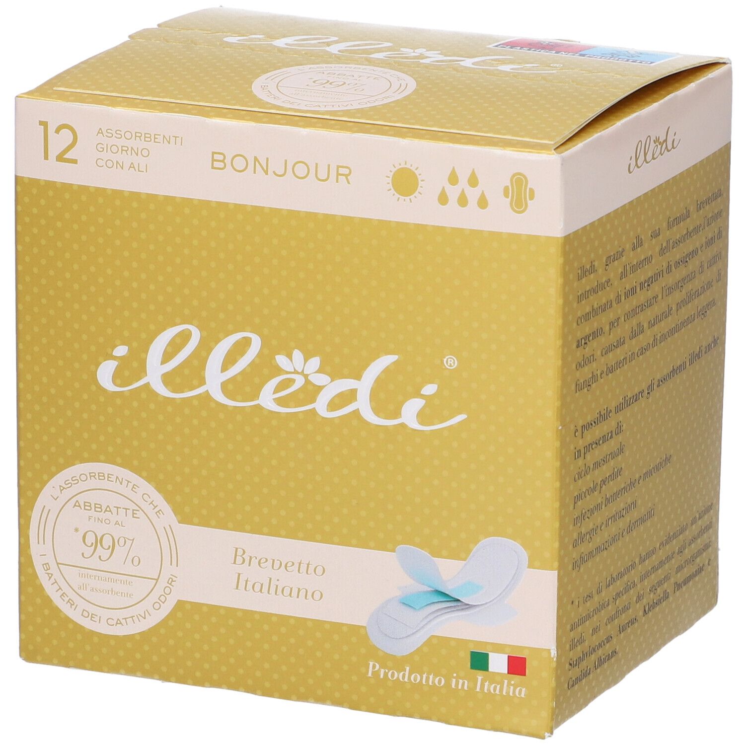 Scatola gialla Illedi con 'Bonjour' e '12 Assorbenti'. Brevetto italiano. Prodotto in Italia.