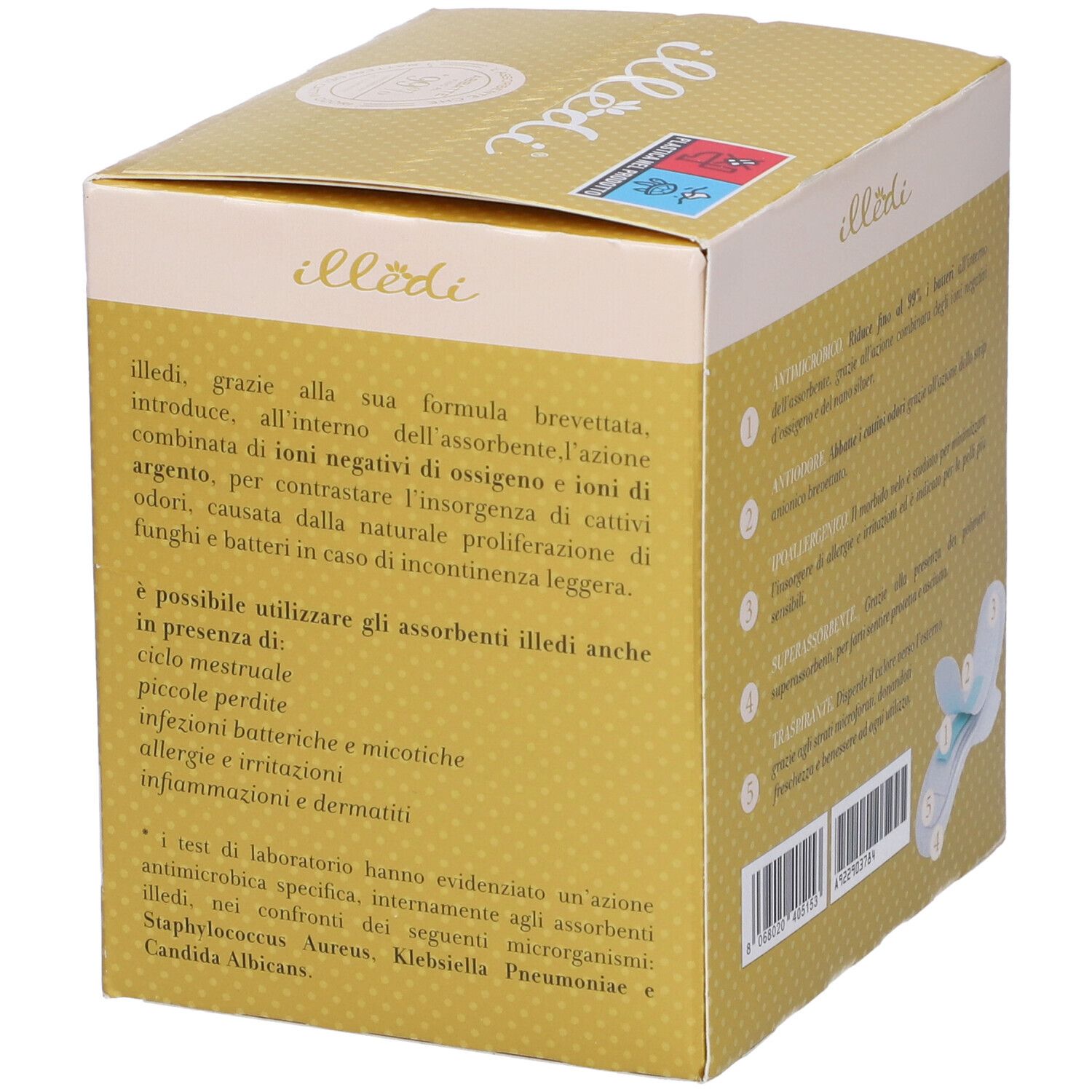 Retro della scatola gialla Illedi con informazioni prodotto. Testo sull'uso in diverse condizioni.