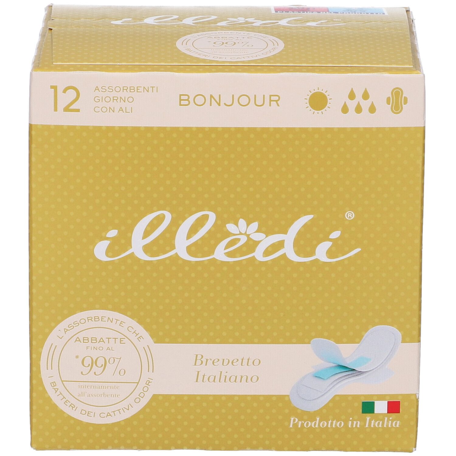 Scatola gialla Illedi con 'Bonjour' e '12 Assorbenti'. Brevetto italiano. Prodotto in Italia. Logo.