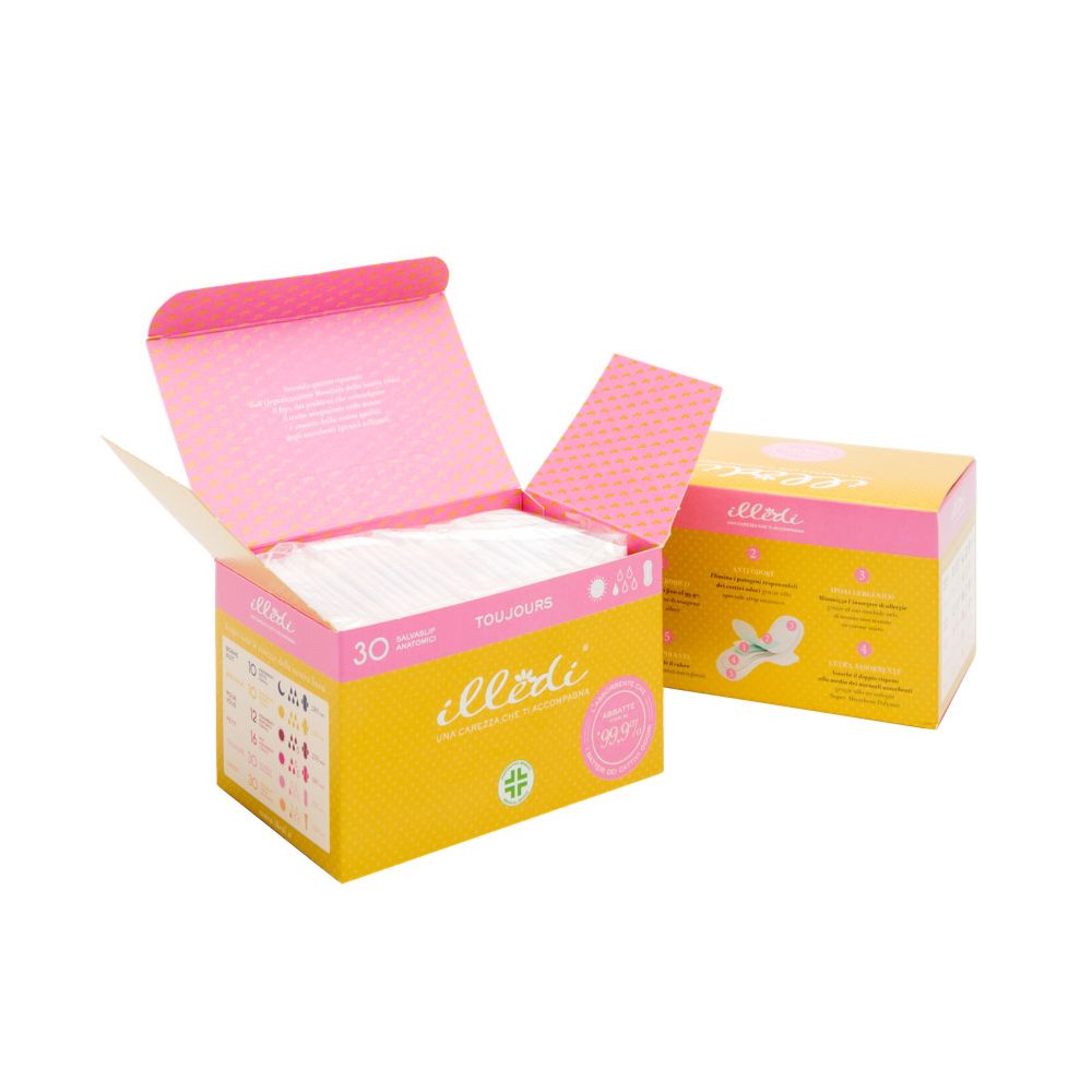 Scatola gialla e rosa aperta con assorbenti. Scritto: illedi Toujours, 30 pezzi.