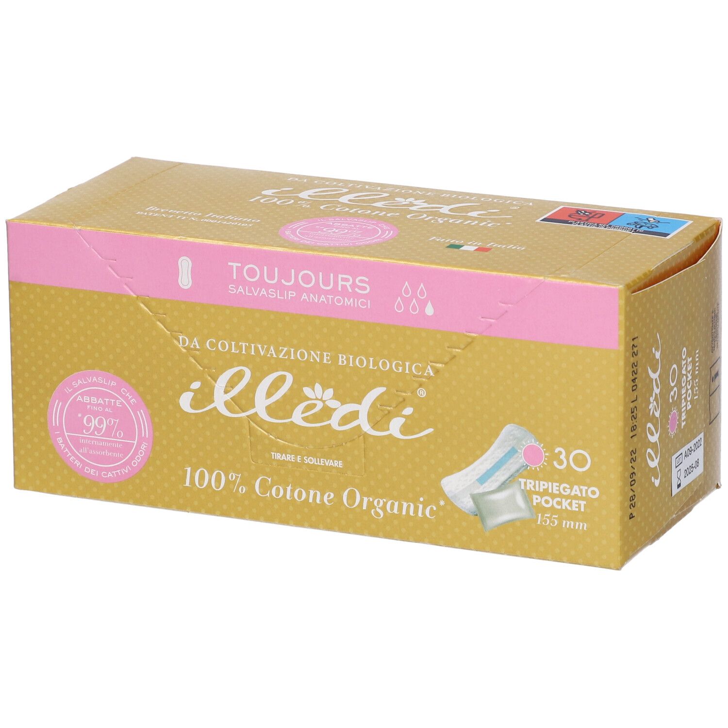 Scatola dorata con coperchio rosa. Scritto: illedi, Toujours, 100% Cotone Organic, 30 pezzi.