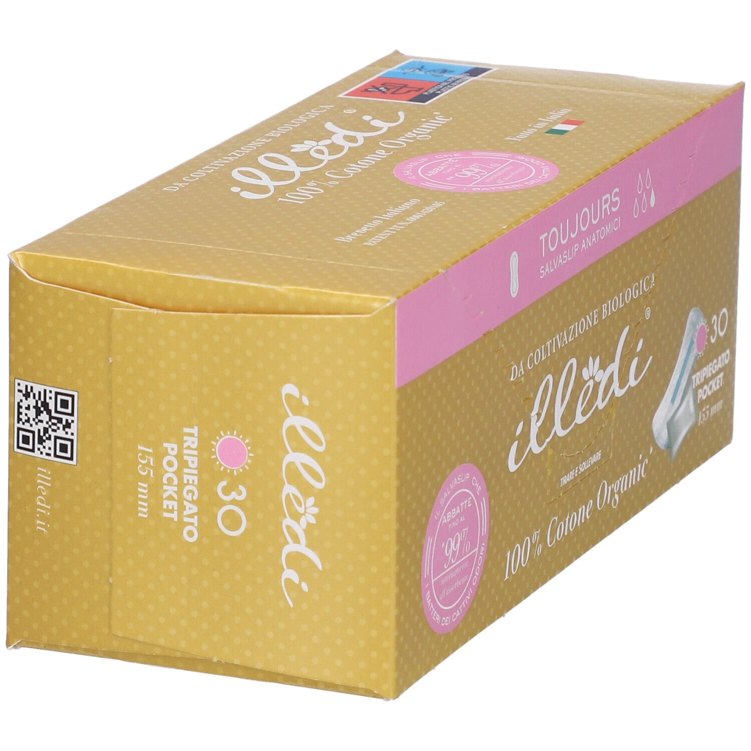 Scatola dorata con coperchio rosa. Scritto: illedi, 100% Cotone Organic, 30 pezzi. Codice QR.