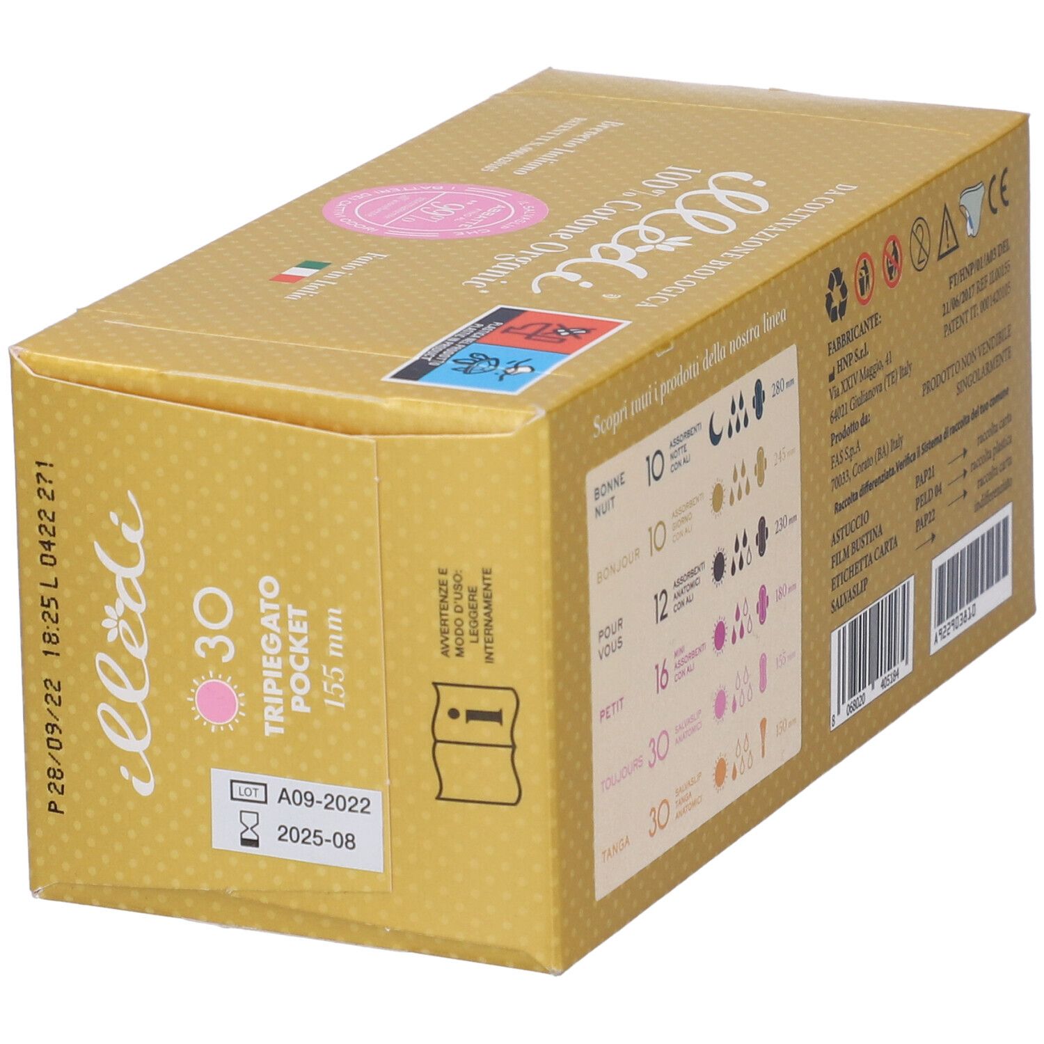 Scatola dorata con coperchio rosa. Scritto: illedi, 30 pezzi, informazioni, data di scadenza.
