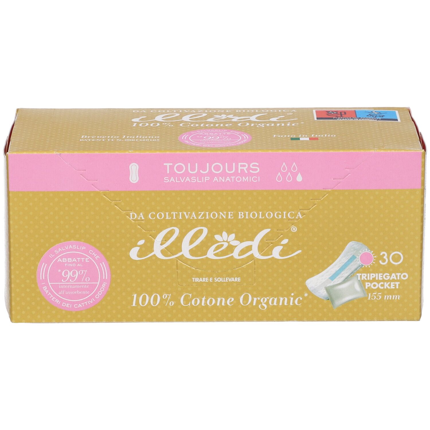 Scatola dorata con coperchio rosa. Scritto: illedi, Toujours, 100% Cotone Organic, 30 pezzi.