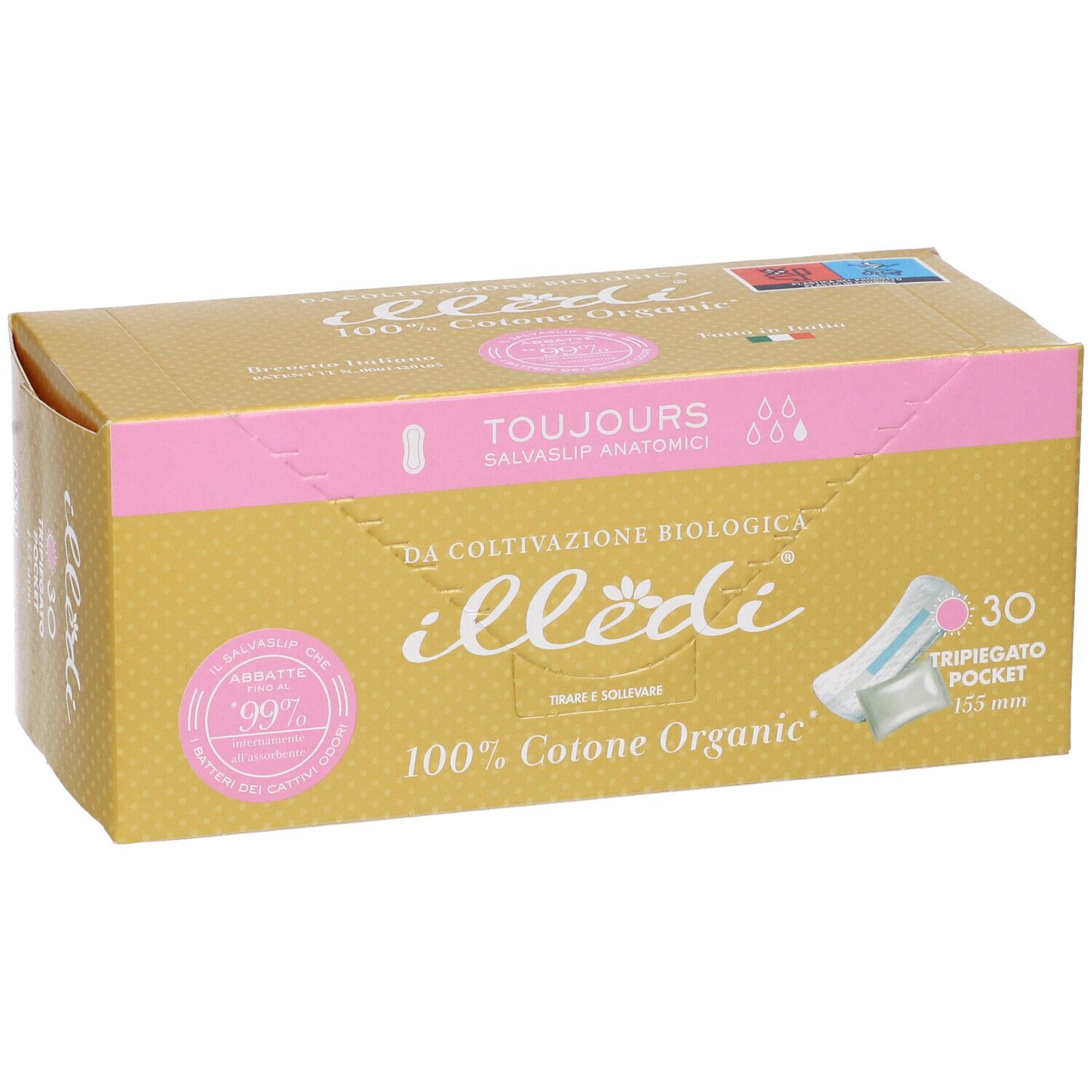 Scatola dorata con coperchio rosa. Scritto: illedi, Toujours, 100% Cotone Organic, 30 pezzi.