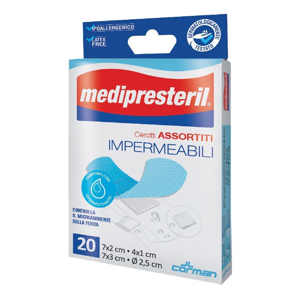 Confezione di cerotti. Marchio: medipresteril. 20 pezzi, assortiti. Impermeabili. Ipoallergenico, dermatologicamente testato.