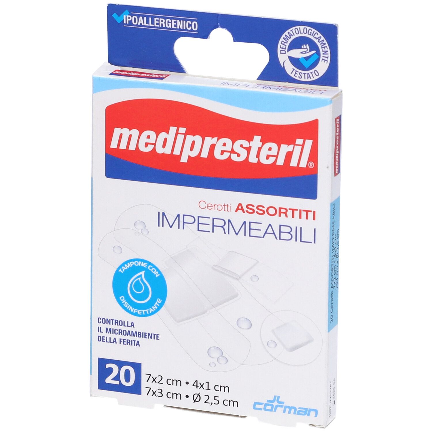 Confezione di cerotti. Marchio: medipresteril. 20 pezzi, assortiti. Impermeabili. Ipoallergenico, dermatologicamente testato.