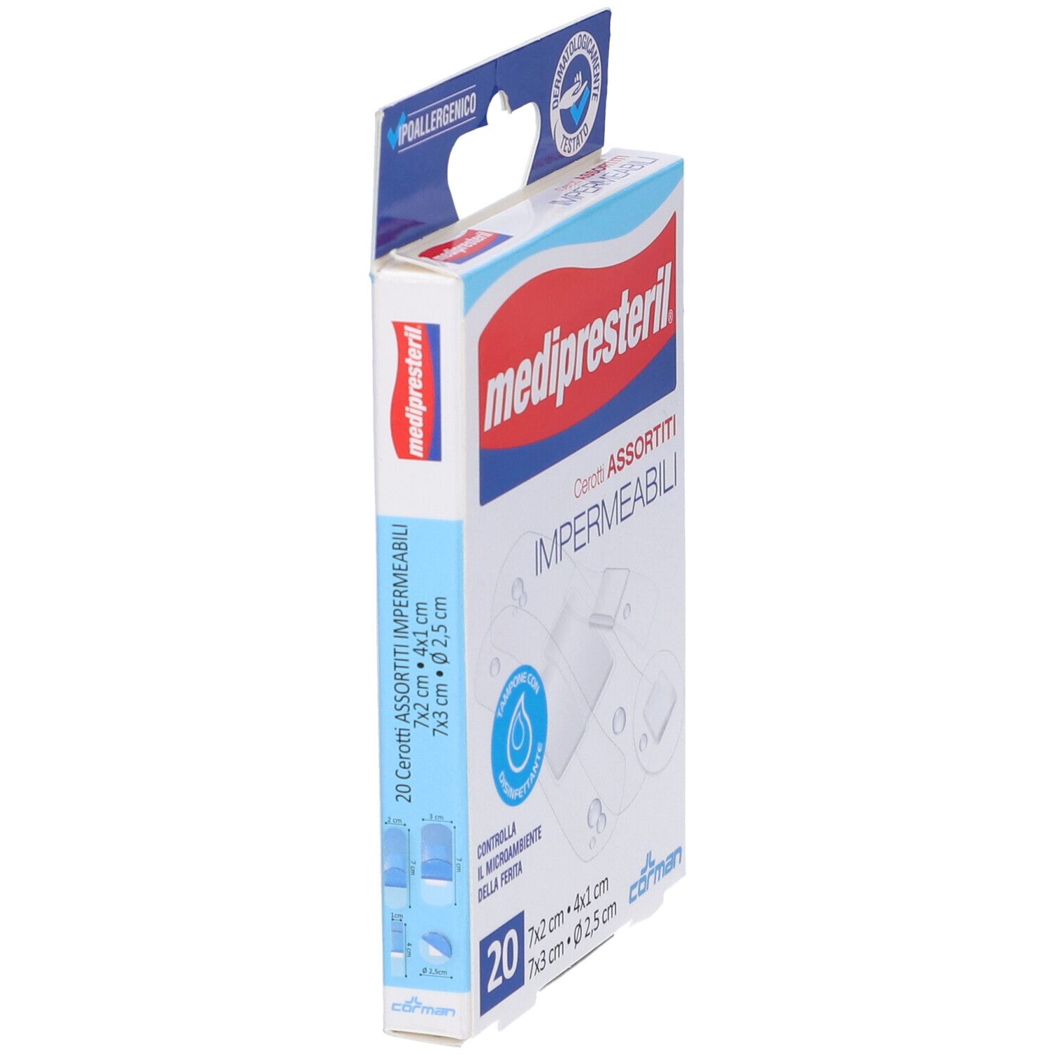 Confezione di cerotti. Marchio: medipresteril. 20 pezzi, assortiti. Impermeabili. Ipoallergenico, dermatologicamente testato.