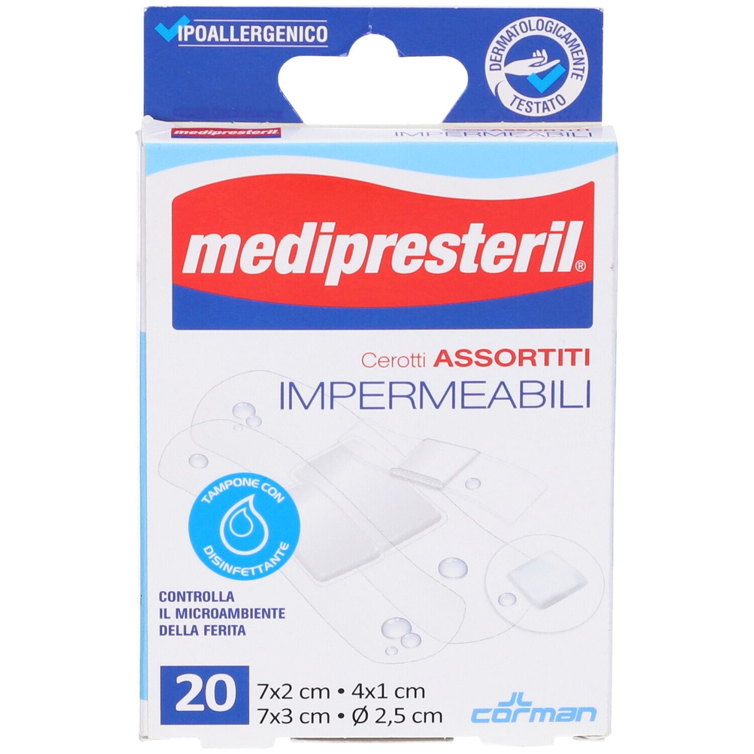 Confezione di cerotti. Marchio: medipresteril. 20 pezzi, assortiti. Impermeabili. Ipoallergenico, dermatologicamente testato.