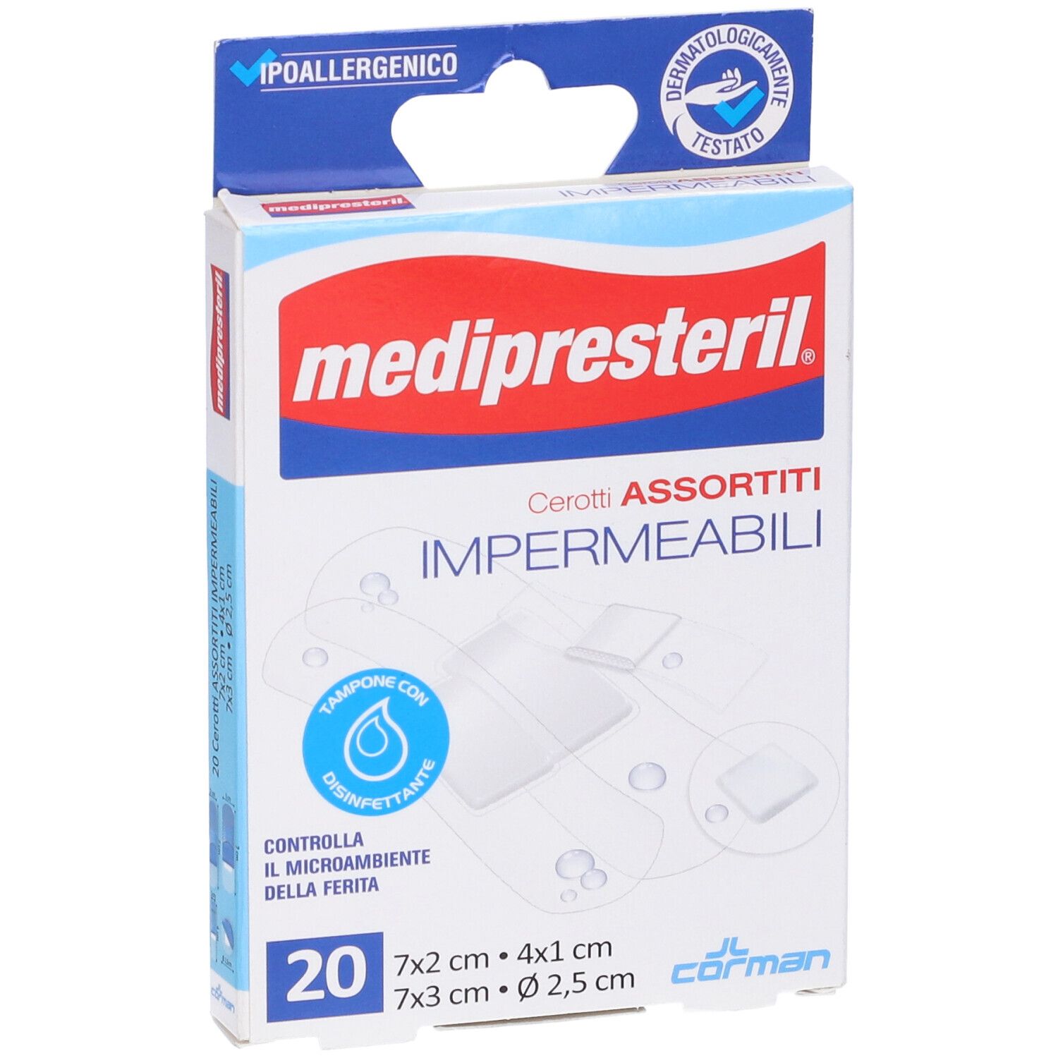 Confezione di cerotti. Marchio: medipresteril. 20 pezzi, assortiti. Impermeabili. Ipoallergenico, dermatologicamente testato.