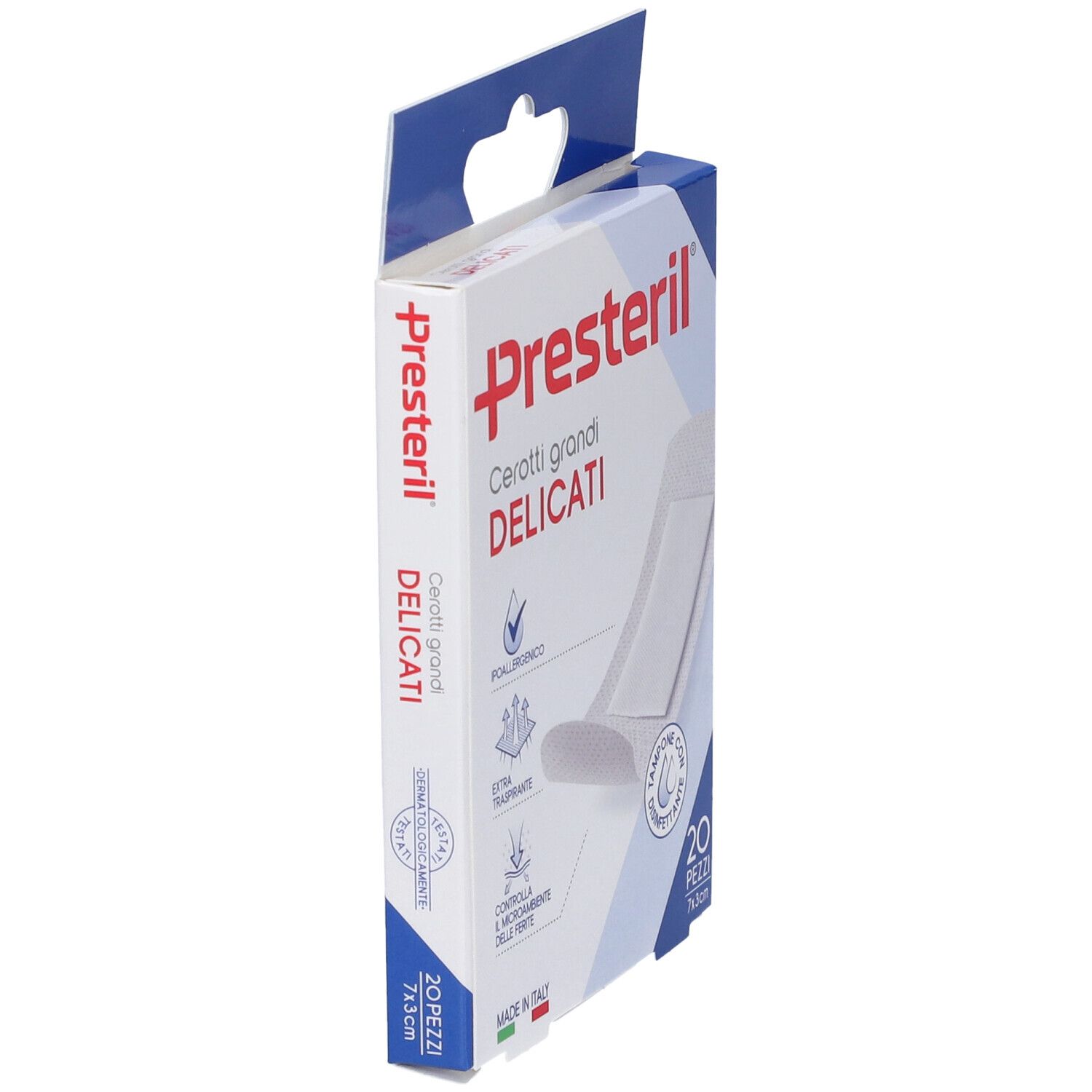 Packung Presteril Pflaster, 20 Stück, groß und zart.