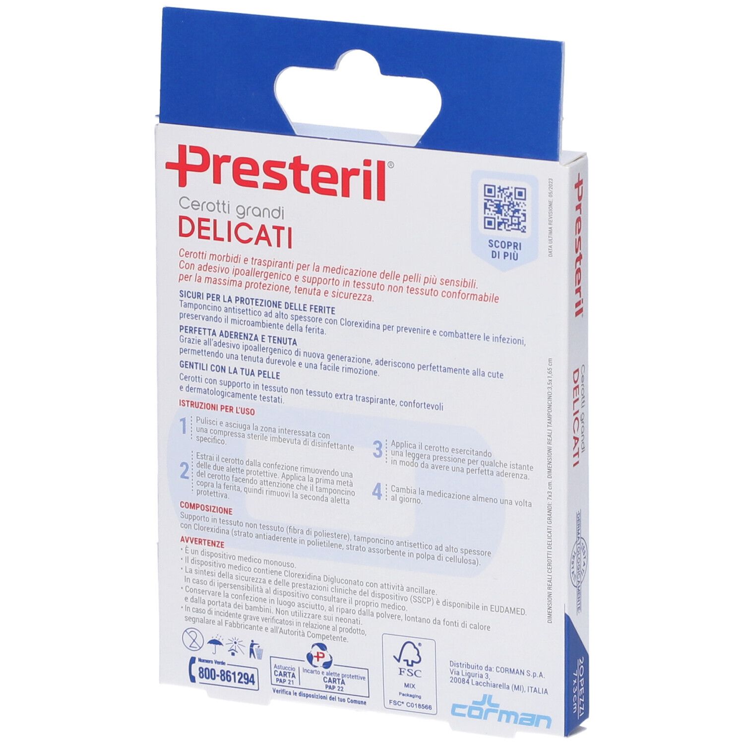 Packung Presteril Pflaster, 20 Stück, groß und zart.